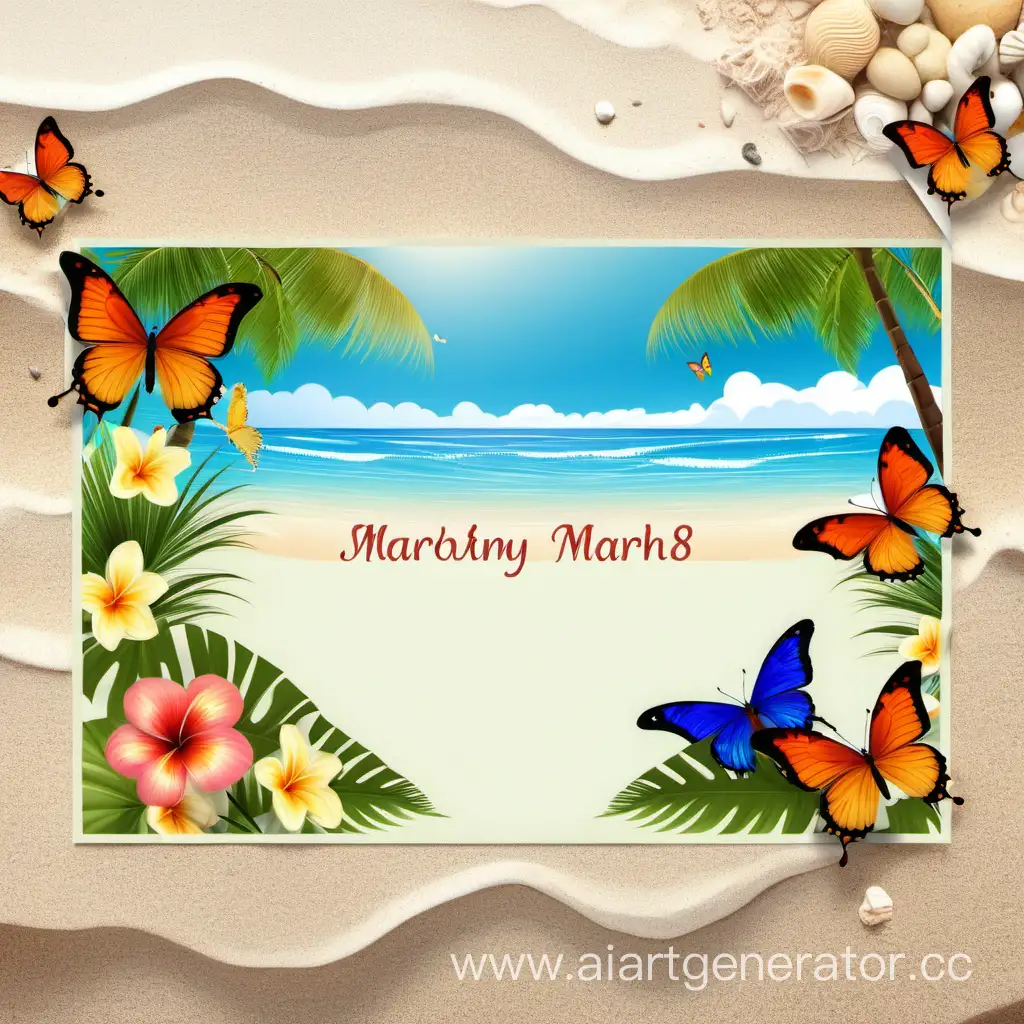открытка на 8-е матра с цветами и бабочками на фоне тропического пляжа