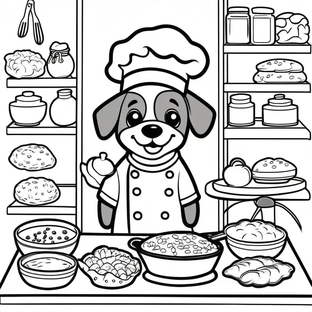 coloring book for kids, simple, adult coloring book, no detail, outline no color, adorable dog chef, baking bread, fill frame, edge to edge, clipart white background --ar 17:22