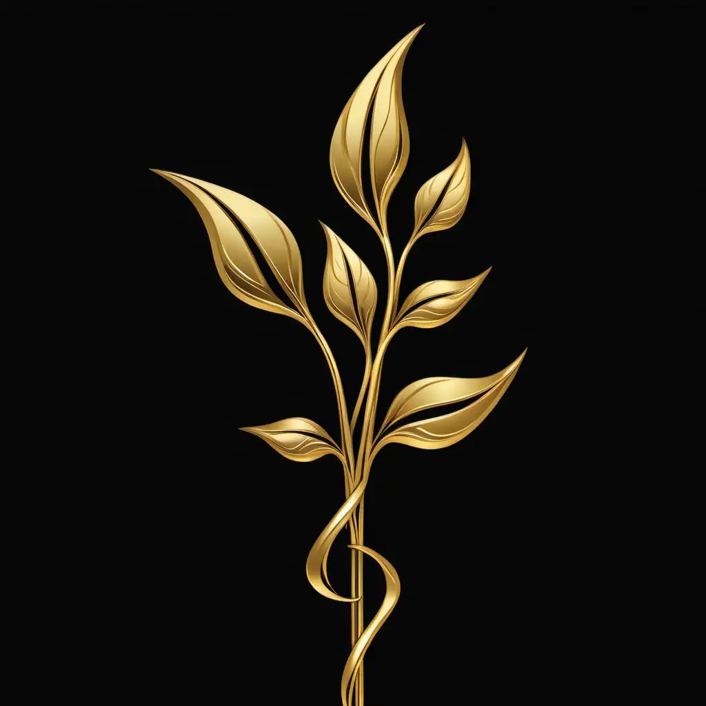 1 gold stylized flower stalks with leaves.  black background.