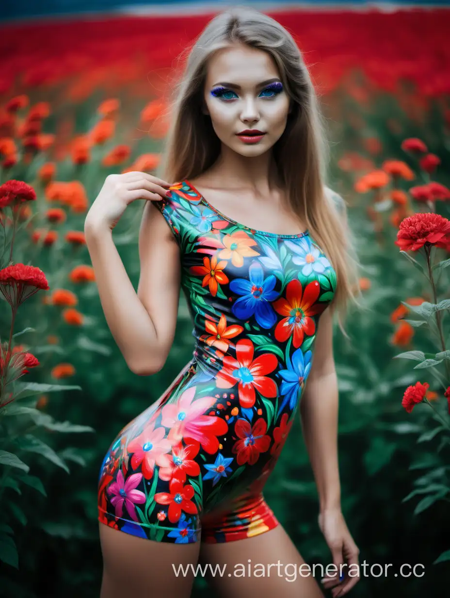 Vibrant-Russian-Beauty-in-Floral-Body-Paint-Dress-Amidst-a-Colorful-Sea-of-Flowers