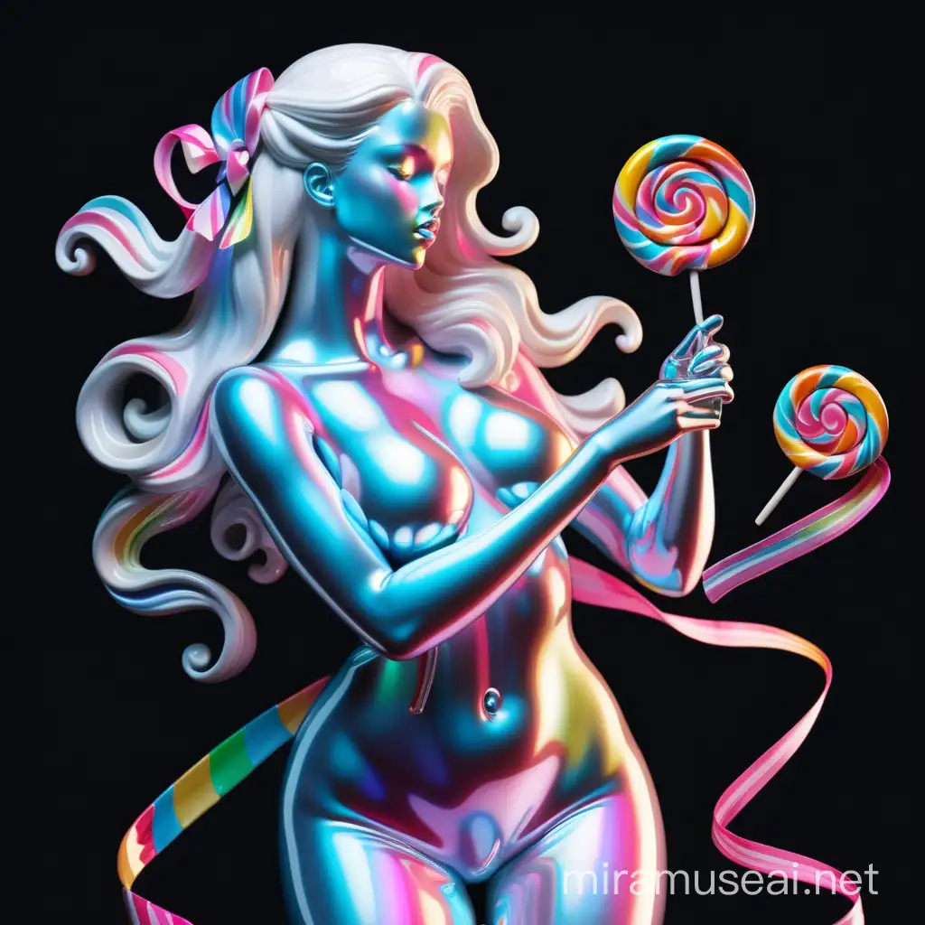Produce a white shiny iridescent neon colored porcelain figure of a beautiful curvy feminine woman
Strong expression dynamic
Enjoying a lollipop candy sweets hair ribbon glas
portrait
Black background