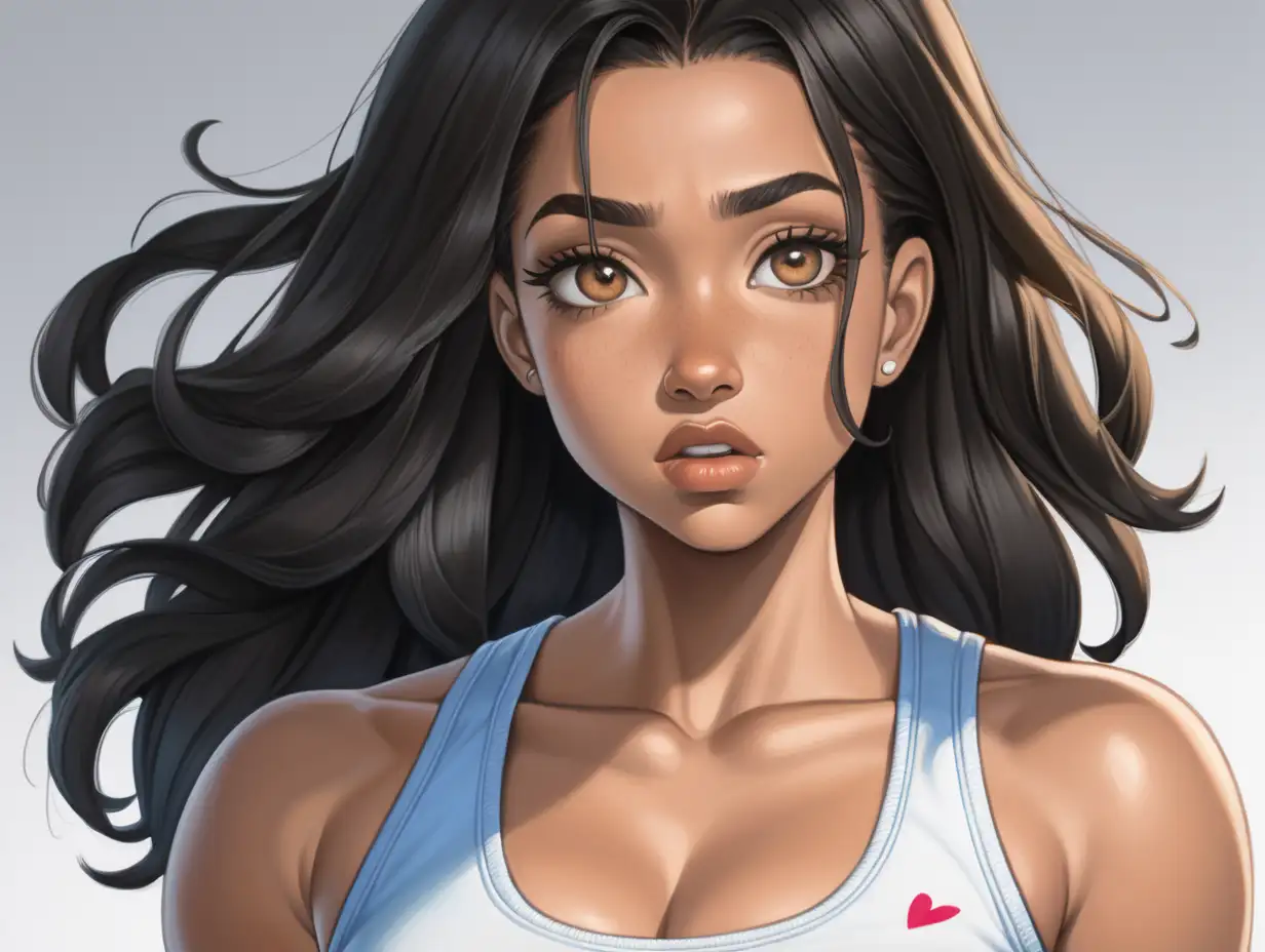 black protagonist wearing white tank and form fitting blue jeans and white tennis shoes. Her face oval-heart shape, almond-shaped light brown eyes, thick eyebrows with a slight arch, a medium-sized and well-defined nose, high cheekbones, and full, shapely lips. her natural long hair is a wavy-nappy combination, jet black. Physically, with an athletic, slender, and curvy build. close up shot of her face expressing confusion
