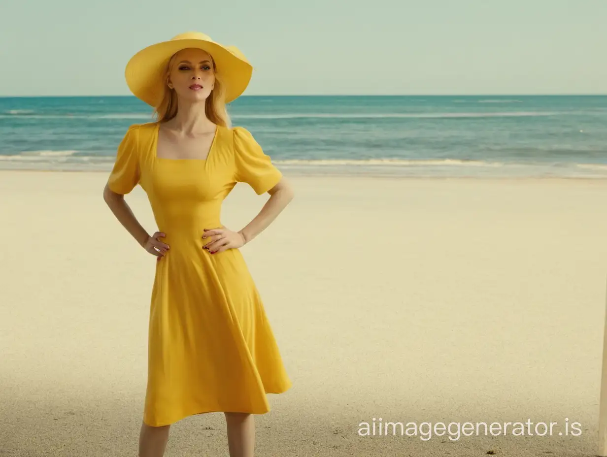 a woman in a yellow dress and hat on the beach