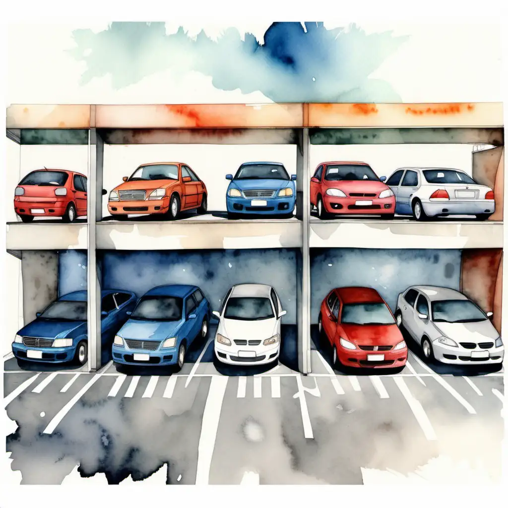 Scenic Watercolor Art Tranquil Parking Lot with Ten Cars
