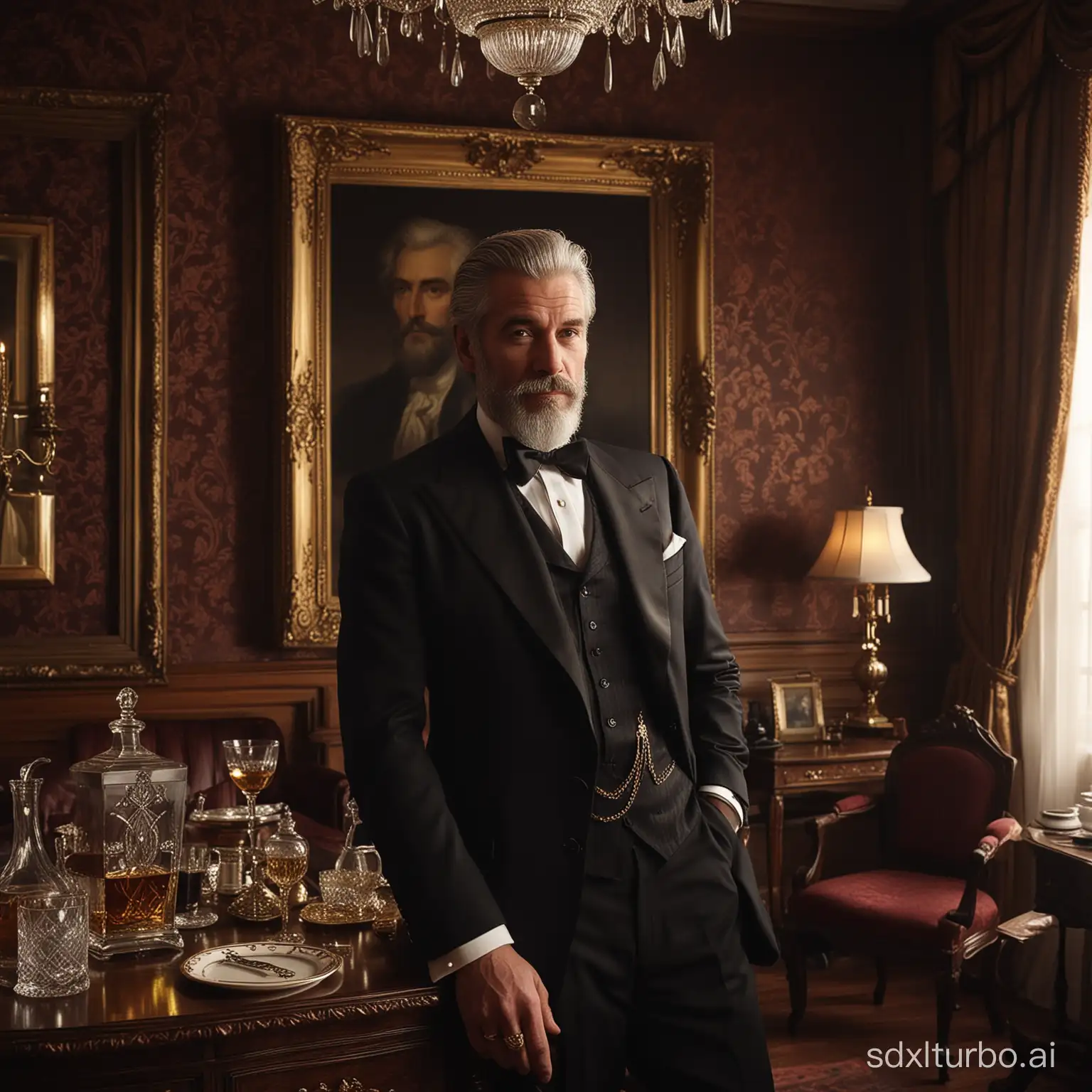 "Generate a photo-realistic image depicting a cinematic scene that centers on the face of a wealthy man, exuding an aura of affluence and sophistication. The scene is set in an opulent, dimly lit room that whispers luxury through its rich, dark wood paneling and plush, velvet draperies in deep burgundy. Soft, ambient lighting casts a warm glow, highlighting the intricate details of the lavish furnishings, including a crystal decanter of aged scotch and an antique, gold-framed painting of a majestic landscape on the wall. The man's face is at the forefront, captured in a close-up shot that emphasizes his confident, serene expression. He is in his late 50s, with meticulously groomed silver hair and a neatly trimmed beard that speaks of careful, personal attention. His eyes, sharp and discerning, hold a hint of a smile, suggesting a man who is comfortable in his wealth but does not flaunt it. He wears a tailored, dark suit of the finest fabric, subtly hinting at his status, and a vintage gold watch peeks from under his cuff, its gleam catching the light. The overall composition conveys a narrative of a man who has risen to the pinnacle of success, surrounded by the trappings of his achievements yet remaining grounded and introspective.