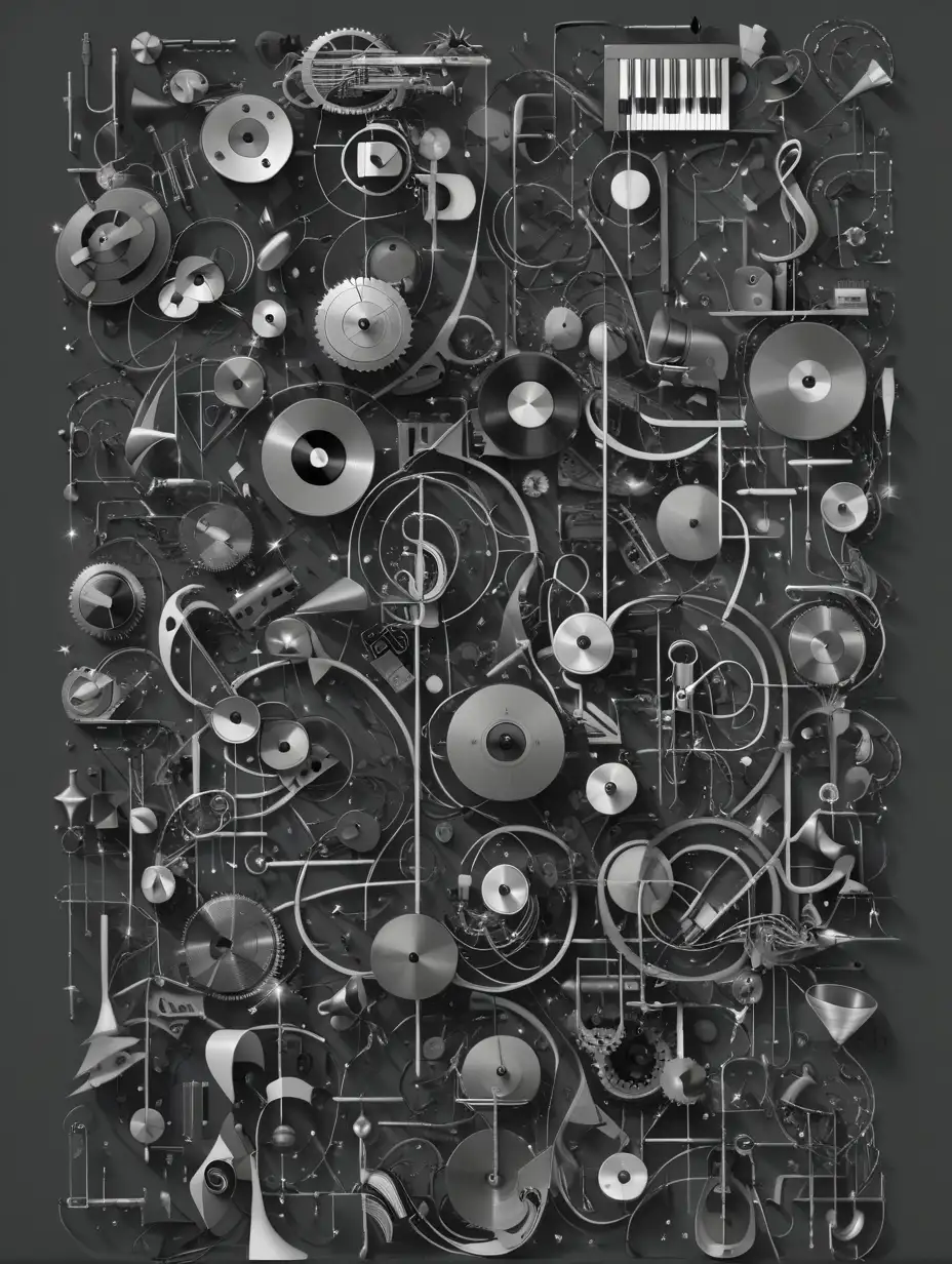 music, sound, geometric, mechanical, shapes, waves, noises, all in a dark gray background