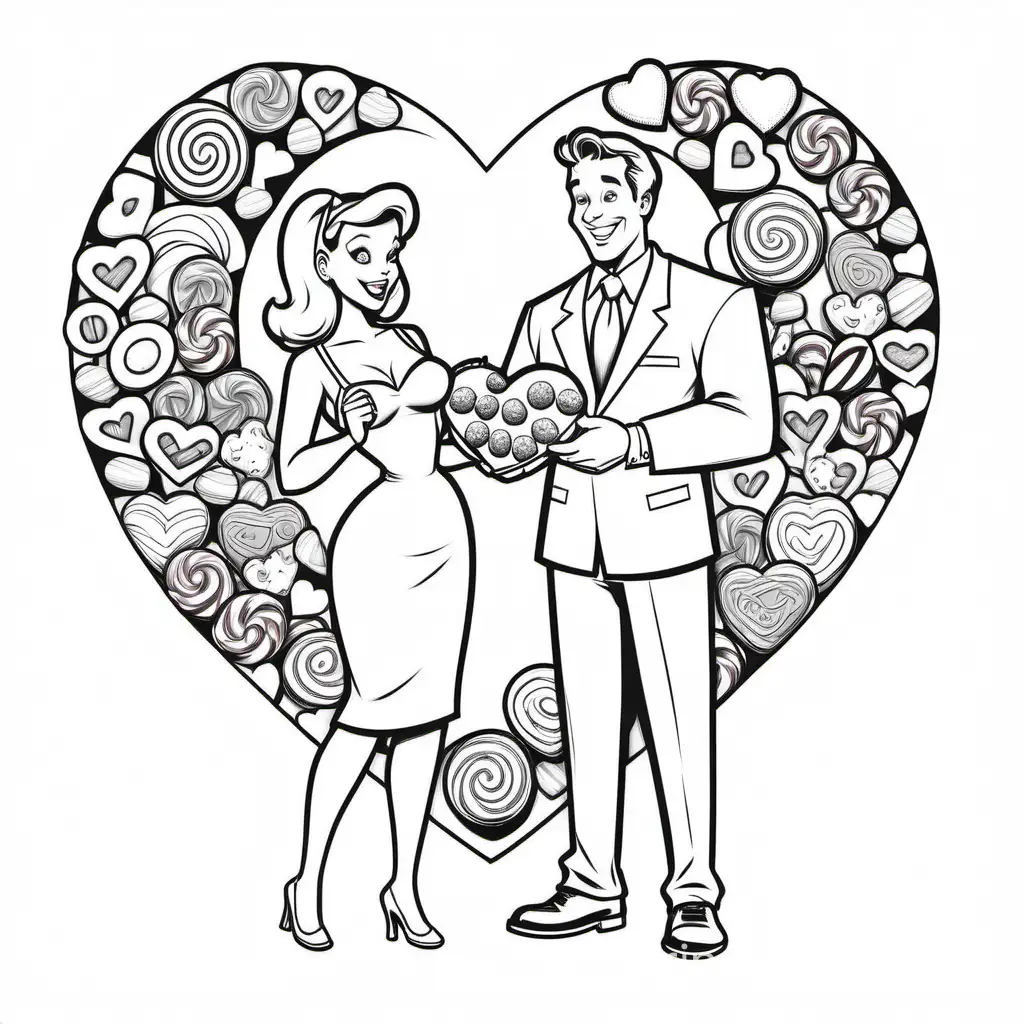 a cartoon pinup style man giving a large heart filled with candy and chocolates to a cartoon pinup style woman , Coloring Page, black and white, line art, white background, Simplicity, Ample White Space. The background of the coloring page is plain white to make it easy for young children to color within the lines. The outlines of all the subjects are easy to distinguish, making it simple for kids to color without too much difficulty