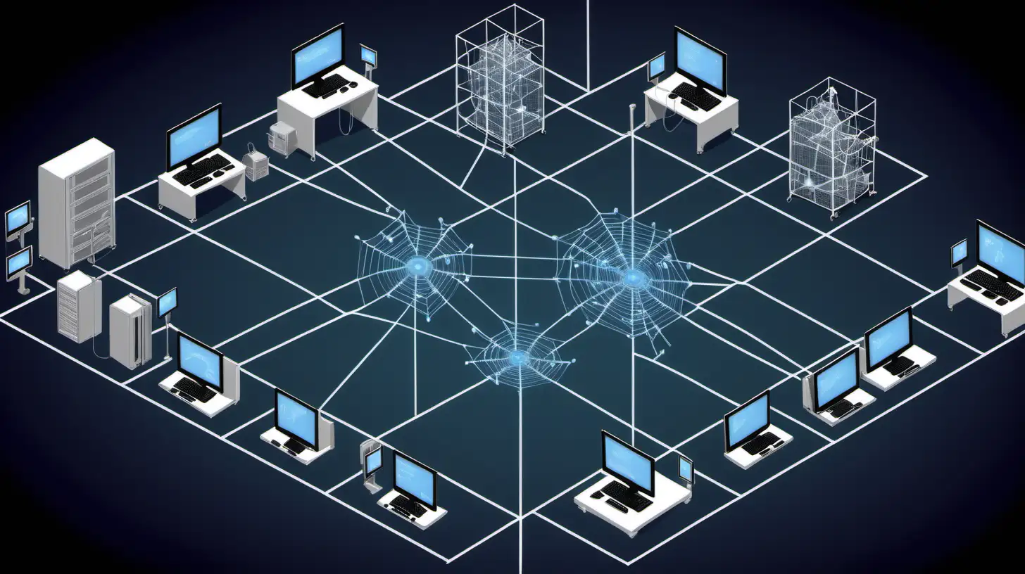 /imagine prompt:A detailed illustration of a centralized network layout, showcasing a mix of desktop computers and tablets linked to a singular, prominently featured server that manages an inventory database. This diagram emphasizes the perimeter-based firewall as a critical security measure, symbolizing it as a fortified barrier around the network's edge, with the assumption of trust for all internal connections. Visualized through detailed digital art, the setup illustrates the centralization and the sole reliance on the perimeter defense. Created Using: detailed digital rendering, precise depiction of network devices, symbolic representation of security measures, clarity in illustrating network hierarchy, effective use of color to differentiate network zones, glibatree prompt, focused depiction of centralized control and security strategy --ar 16:9