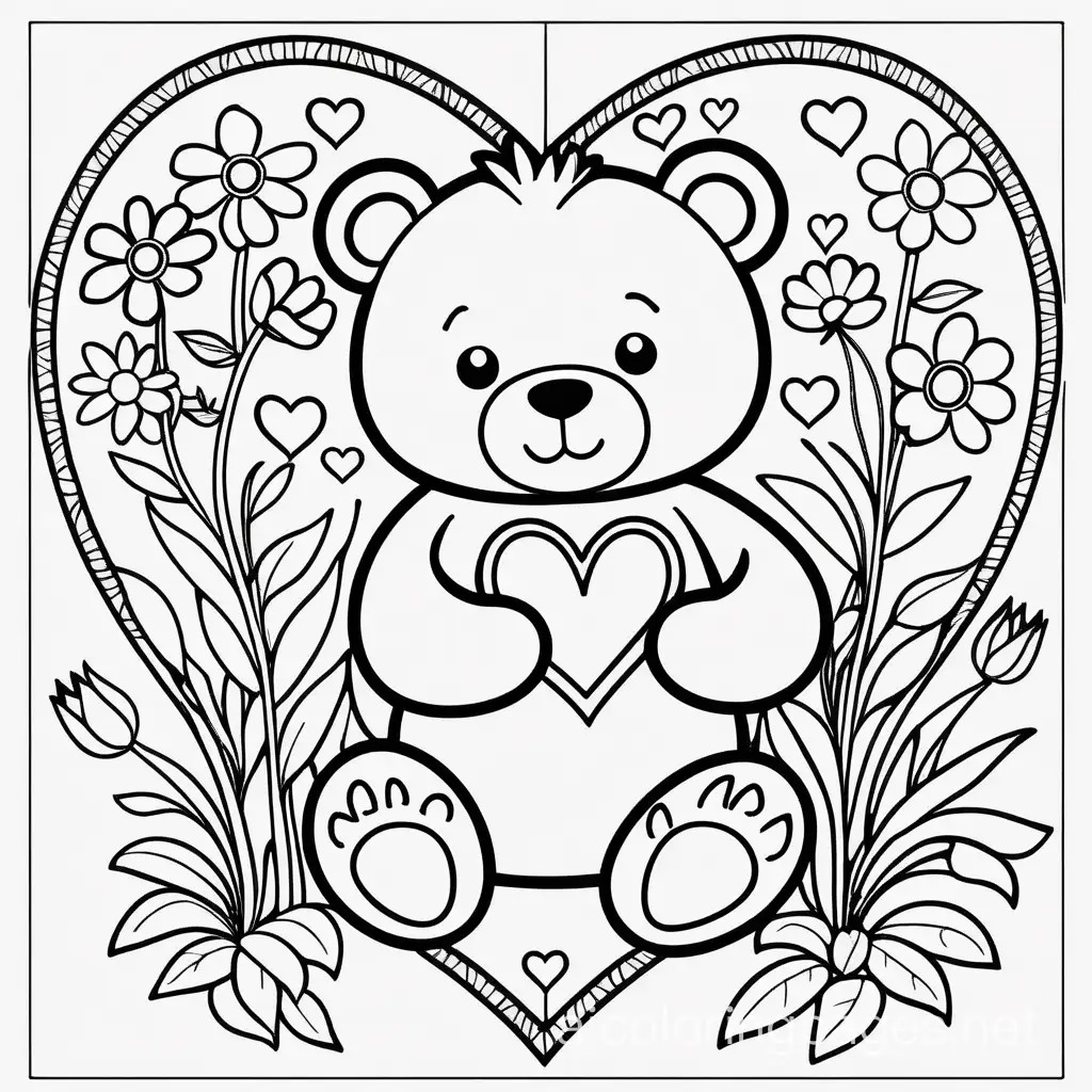 coloring book for children, different flowers inside a heart, a bear holding a heart, detailed, in a simple cartoon style, black and white, dashed graphics, white background, simplicity, enough white space, in a simple cartoon style, isolated, Coloring Page, black and white, line art, white background, Simplicity, Ample White Space. The background of the coloring page is plain white to make it easy for young children to color within the lines. The outlines of all the subjects are easy to distinguish, making it simple for kids to color without too much difficulty