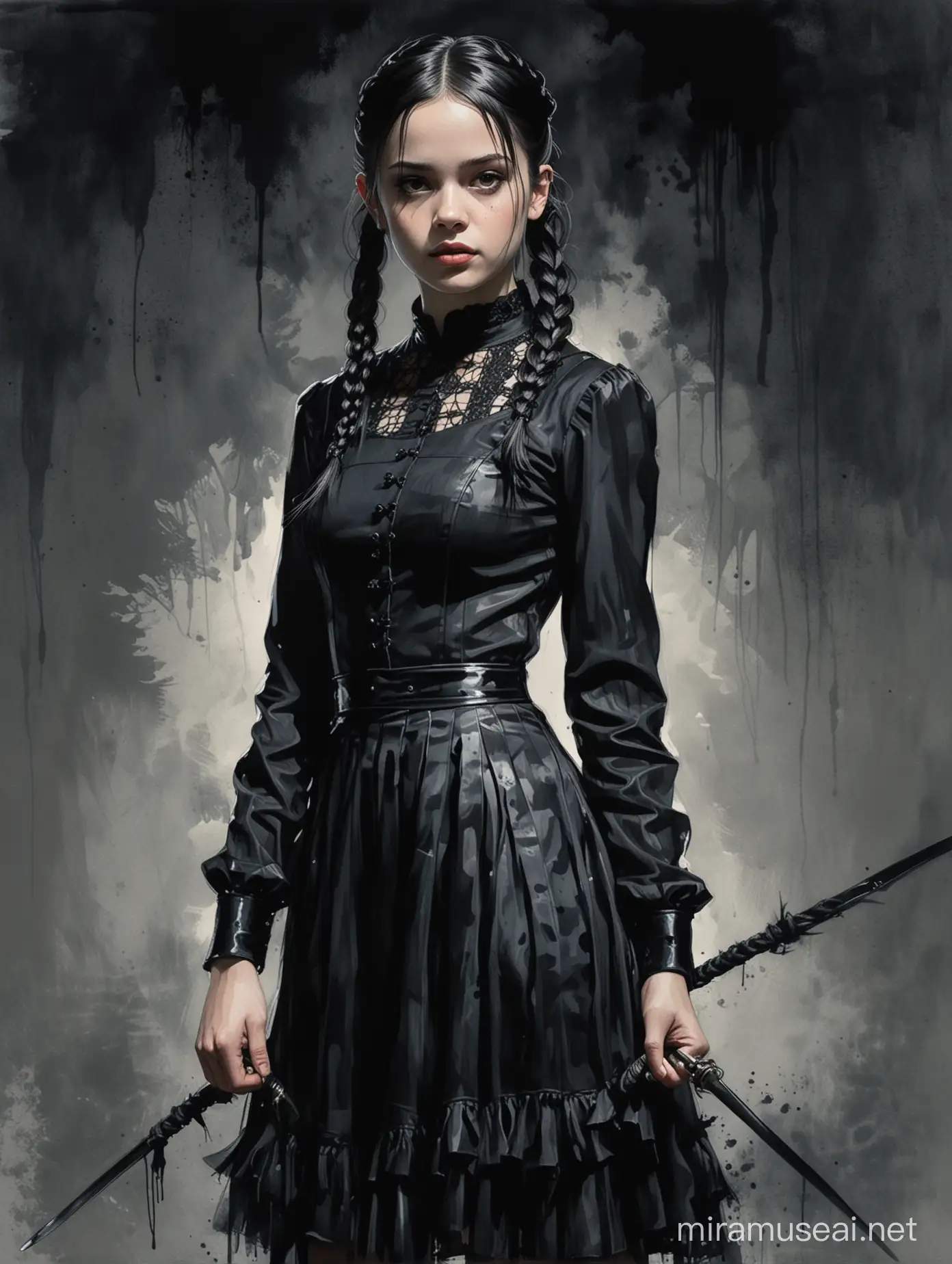 Alex Maleev illustration depicting very pale Jenna Ortega as Wednesday Addams wearing full black fencing dress with ragged shoulder frills and long sleeves, long flowing skirt, side braids hair with bangs, chiaroscuro, dramatic lighting, messy watercolor, no distortion, gray palette, insanely high detail, very high quality, seen from below, low angle view, forced perspective

