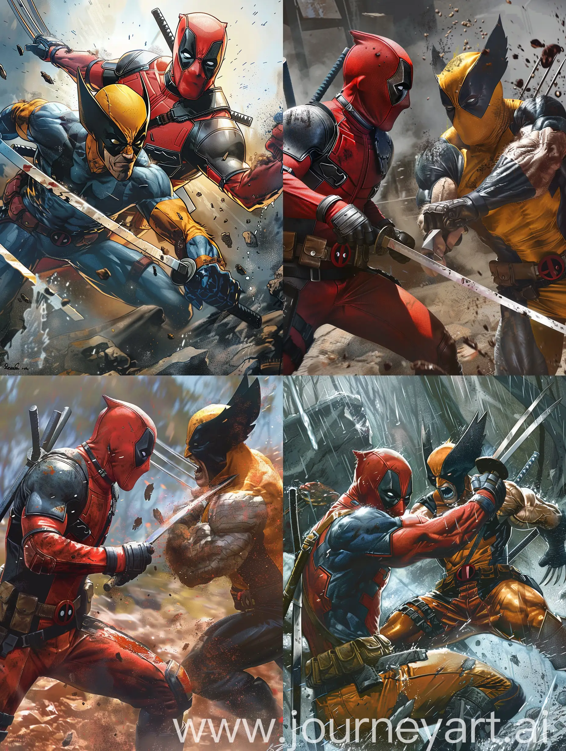Marvel Deadpool slashing sword at wolverine 8K ((Ultra Detail))
