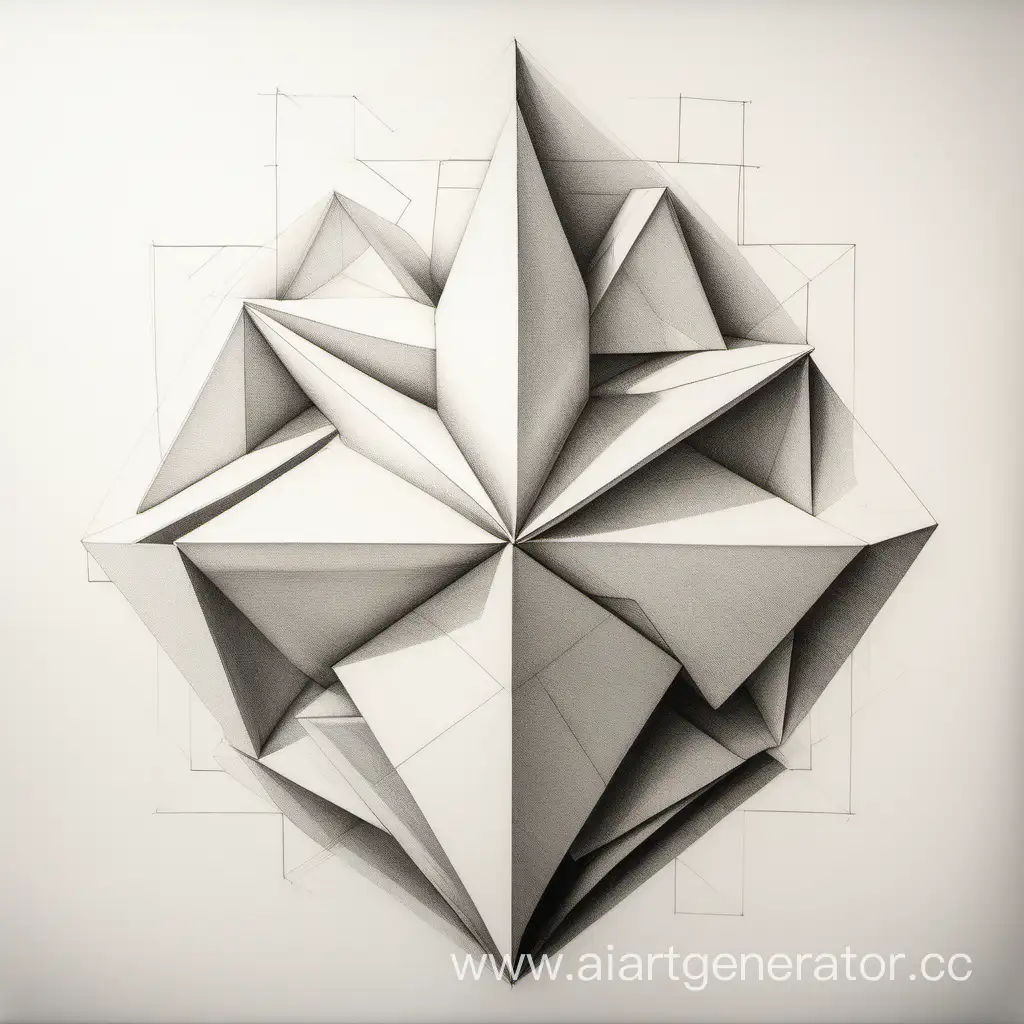 Композиция геометрических фигур размещённых друг на друге, нарисованных карандашом на белом листе бумаги, вид с низу
