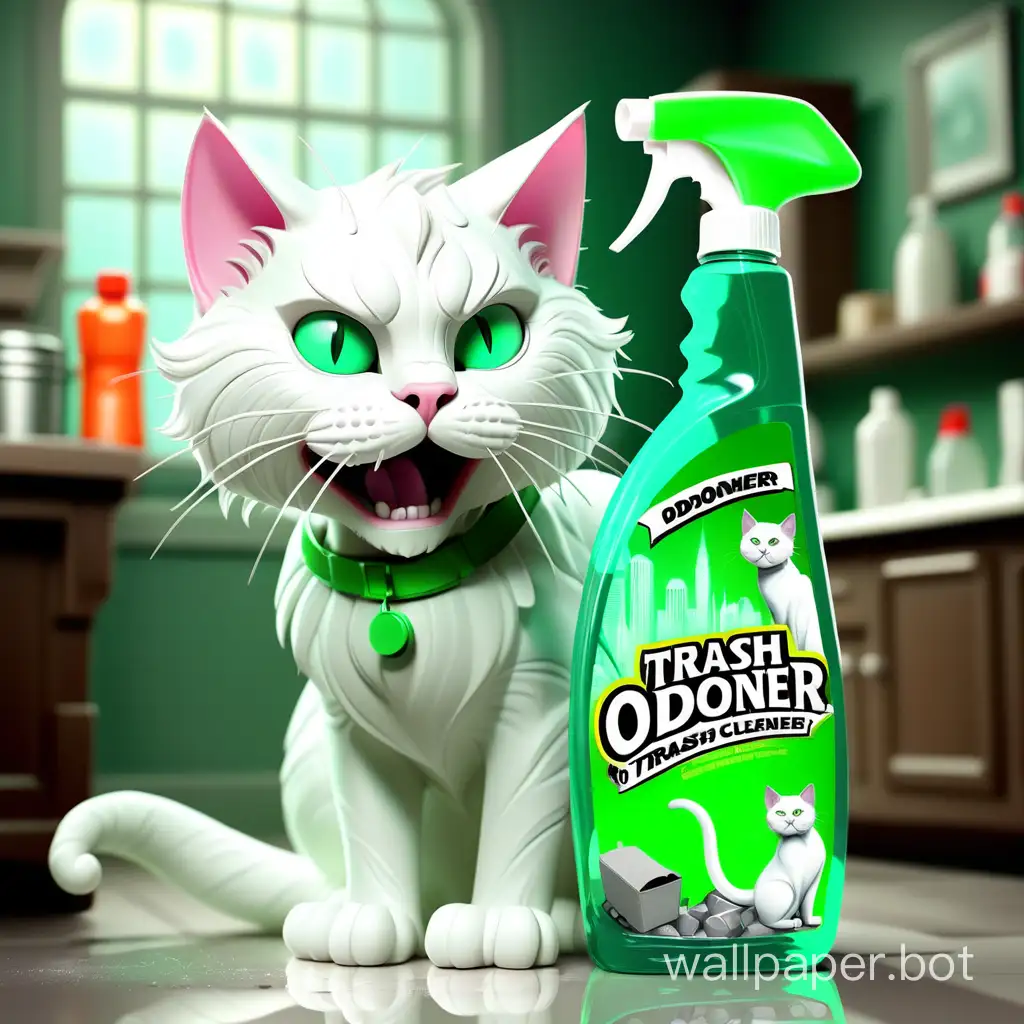 TRASH BUSTER Cleaner Odoner, green bottle, white trigger, background fantasy, white cat in the background