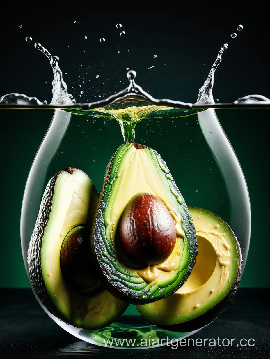 2 big Avocado half in water with dark see green background