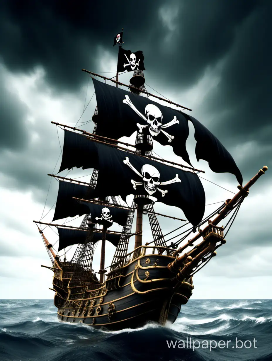 A pirate ship sailing towards you on the ocean flying the jolly rogers flag