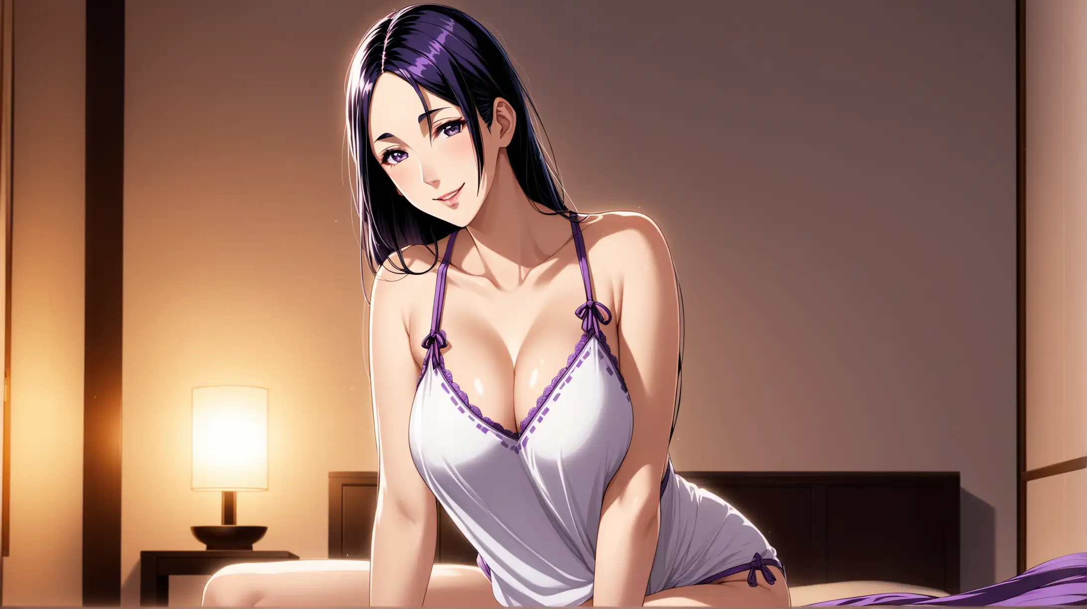 Draw the character Minamoto no Raikou, high quality, ambient lighting, long shot, indoors, in a seductive pose, wearing a low-cut white camisole, smiling at the viewer