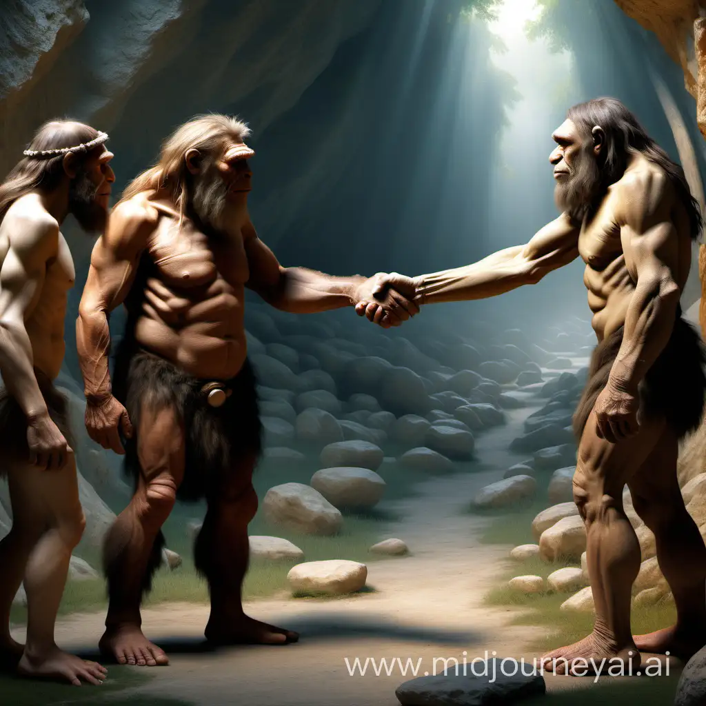 Prehistoric Unity CroMagnons and Neanderthals Exchange Gestures of Friendship