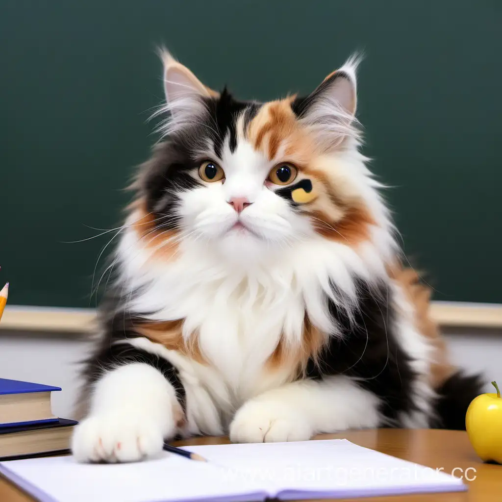 пушистый трёхцветная кошка стала учителем