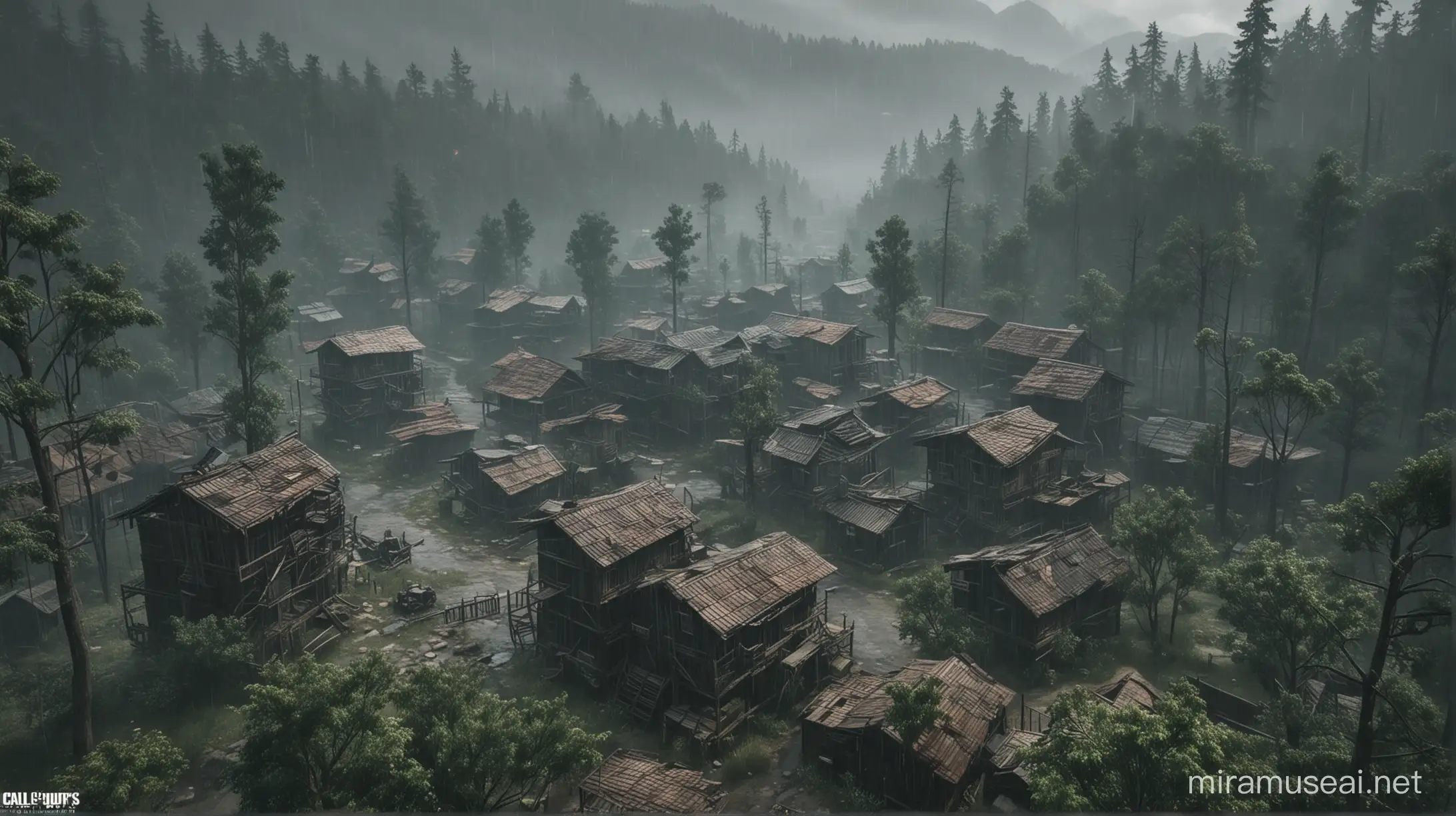 Génère moi une image dans le style du mode zombie de Call Of Duty Black Ops :
Dans une map située dans une forêt, il y à une brume et de la pluie pesante il y à une Ville abandoné avec des Maisons en bois. On à une vue de haut sur l’ensemble de la Map.
