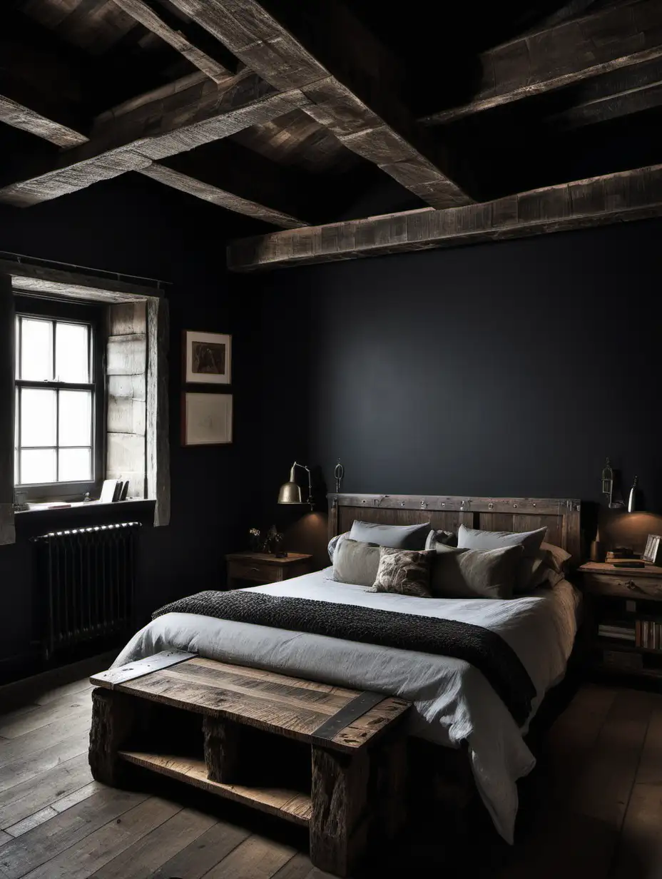 Dark Bedroom rustic touches like wooden beams, bed, and reclaimed furniure