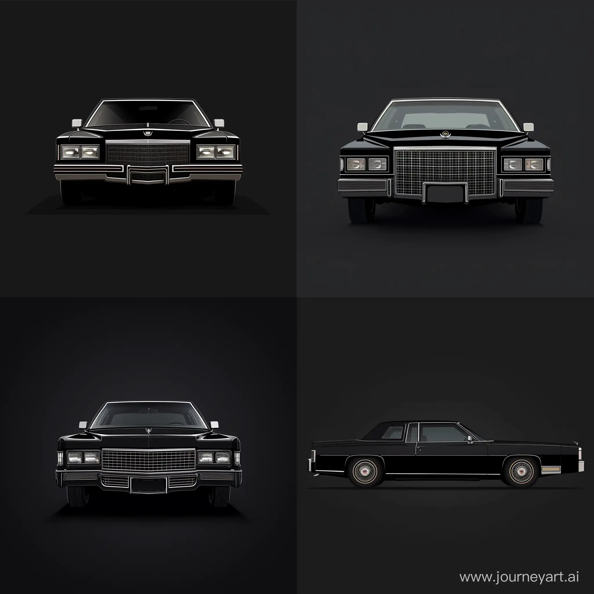 Minimalism 2D Illustration Car of Front 2/3 View, Cadillac Fleetwood: Black Body Color, Simple Dark Background, Adobe Illustrator Software, High Precision