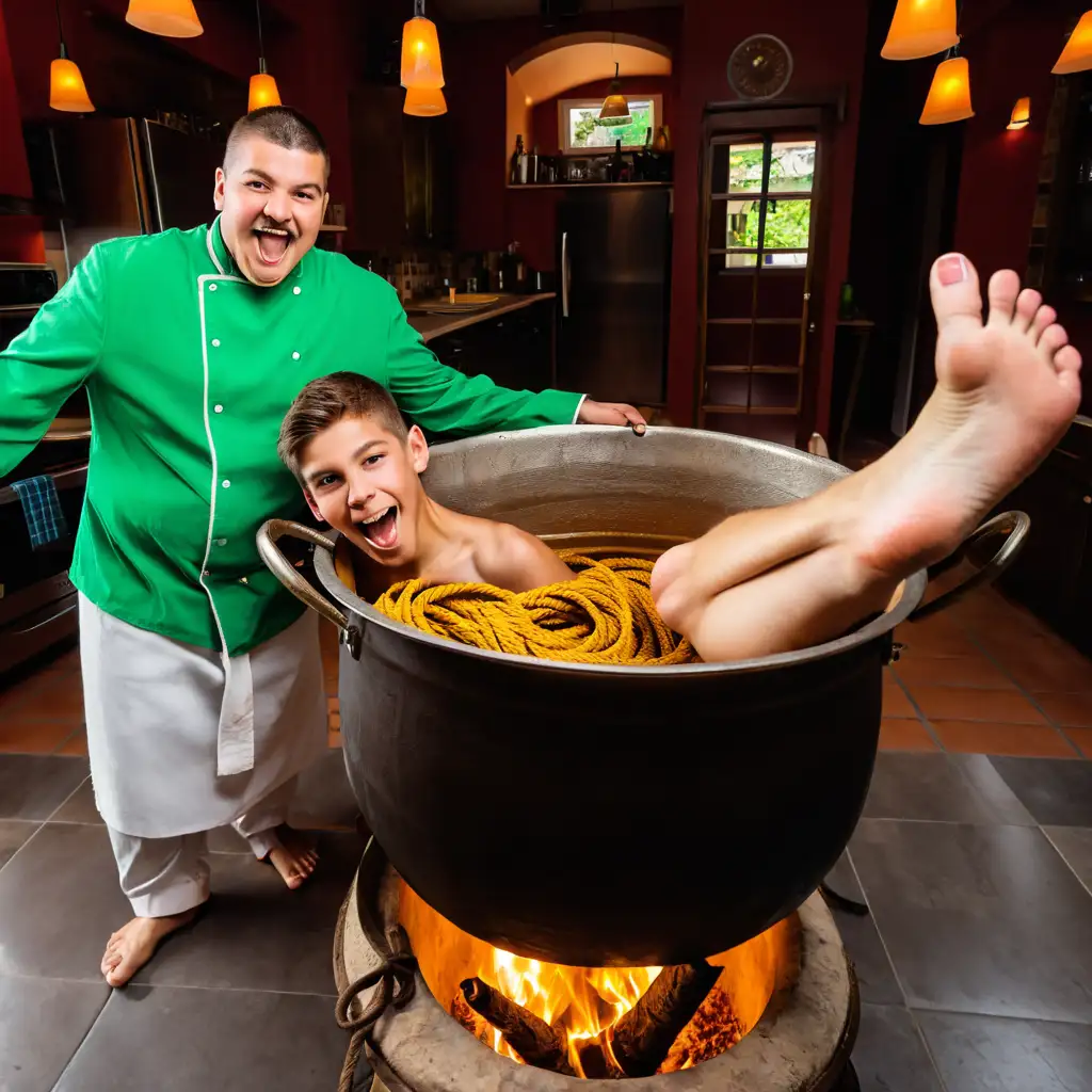 Captured Teenager in Cauldron with Chef and Restaurant Background