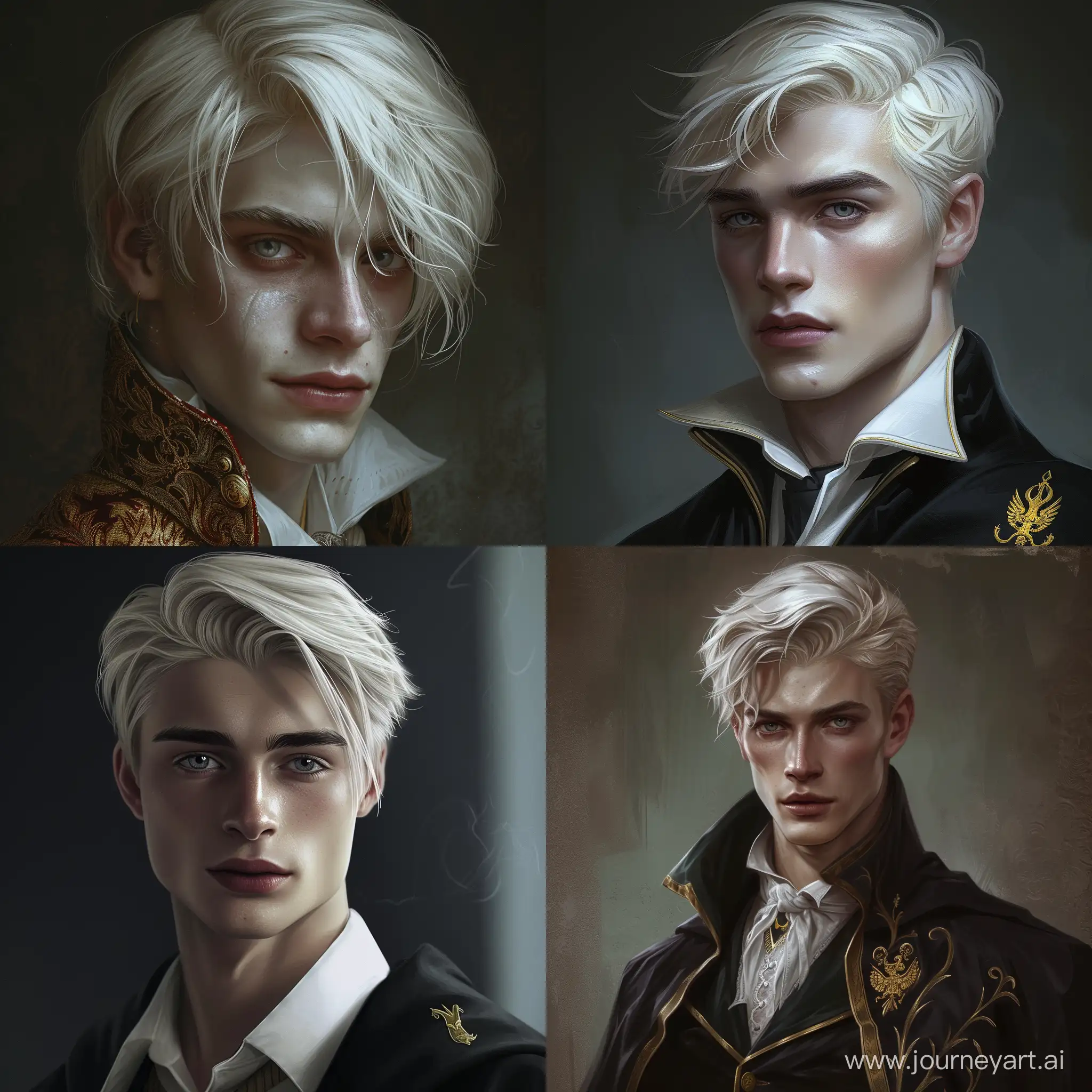 wizard, youthful, platinum blonde hair, pale skins, grey eyes, handsome man, elegant, royal vibe, magic, alchemy, hogwarts, slytherin student, hyper realistic, photo realistic, beautifully detailed, half body, haughty expression