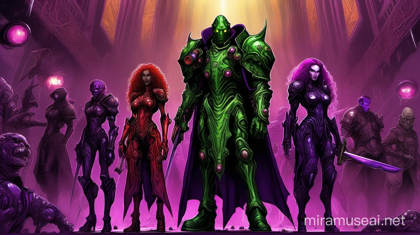 Gothic Cyberpunk Characters in Monstrous Armor with Crimson Artifact