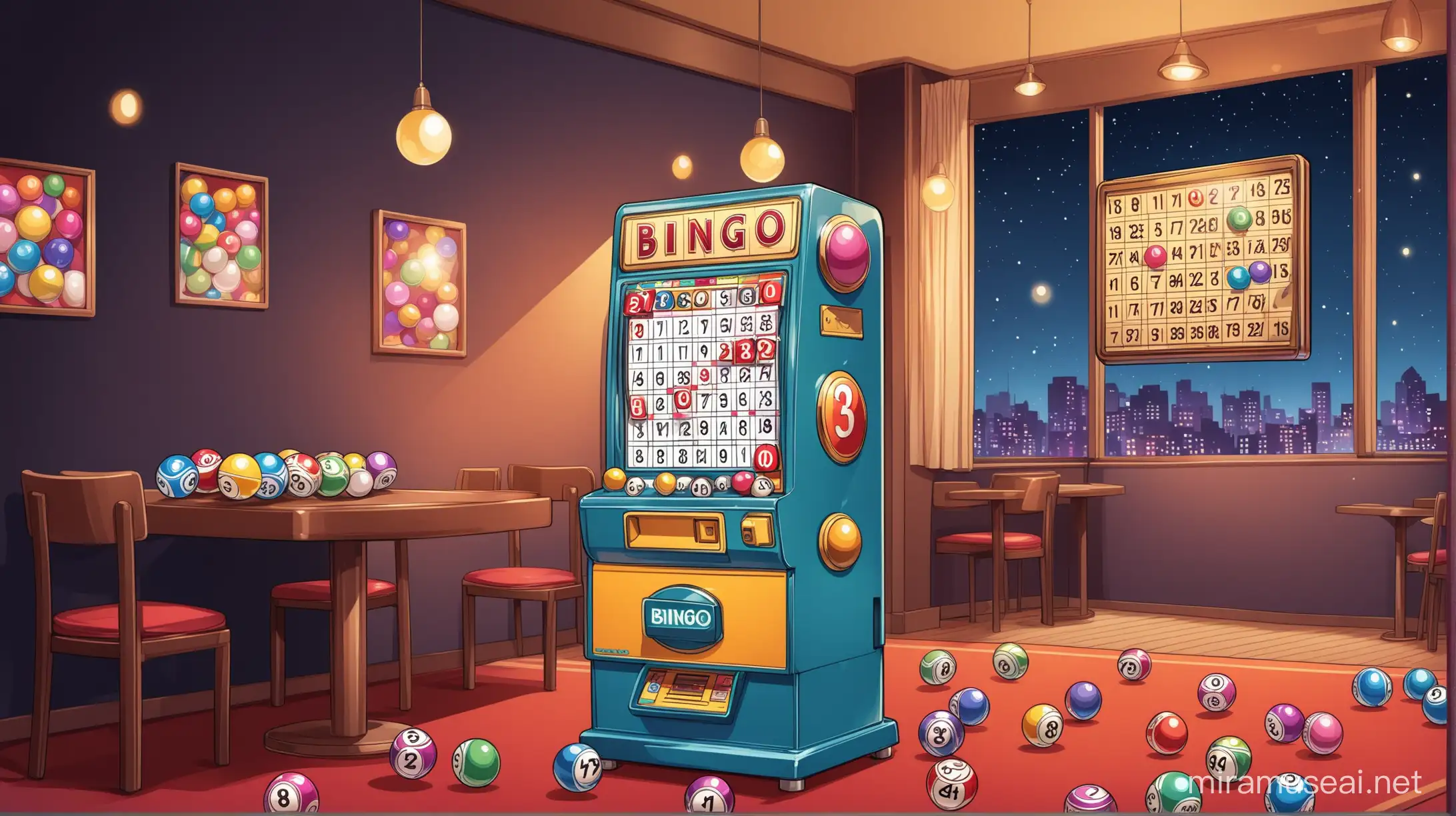 Bingo balls flying minimalistic  spread illustration in the environment, bingo machine in the room corner, with room accessories indoor night background cartoonist images