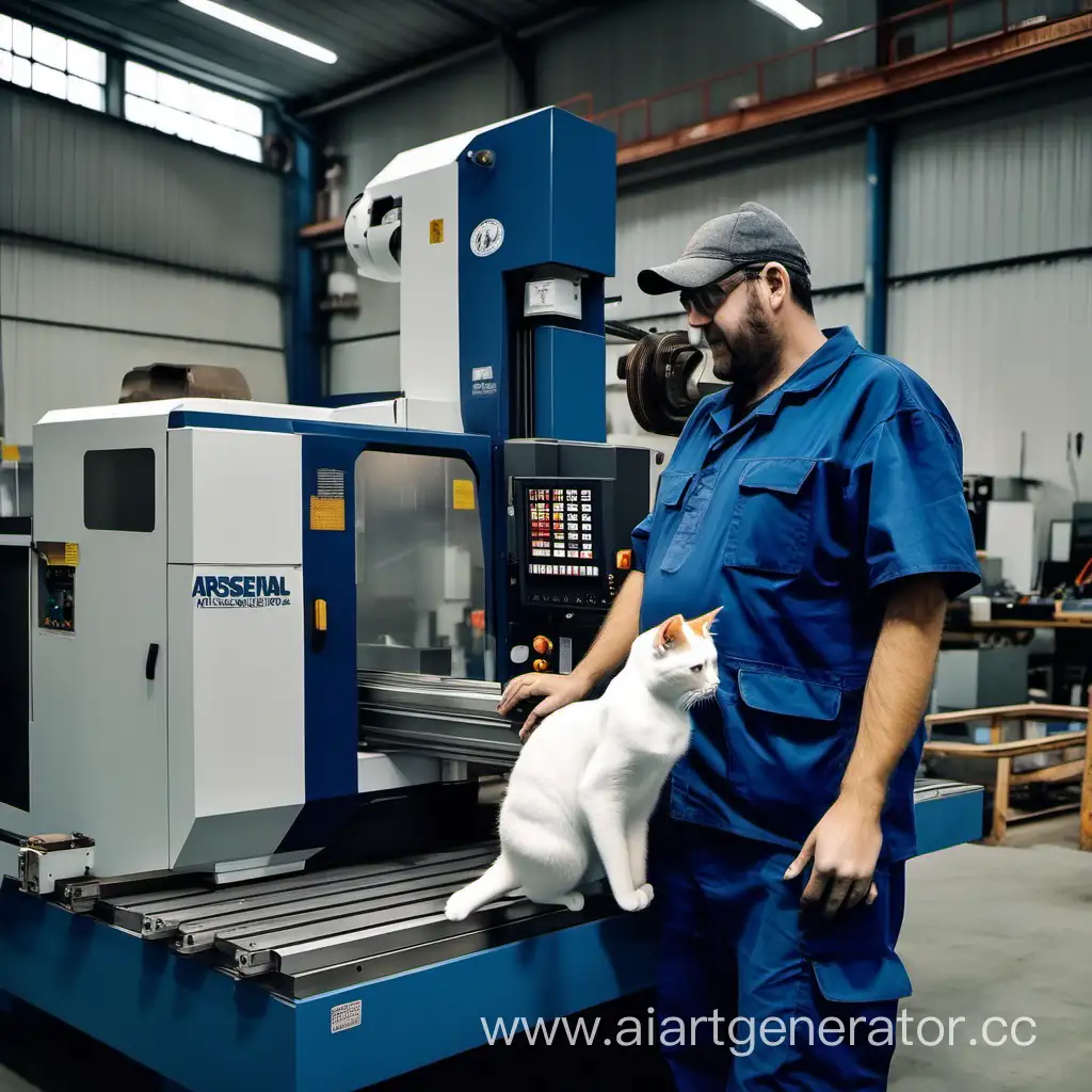 Industrial-Worker-at-Arsenal-Plant-Operating-CNC-Machine-with-Cat-Companion