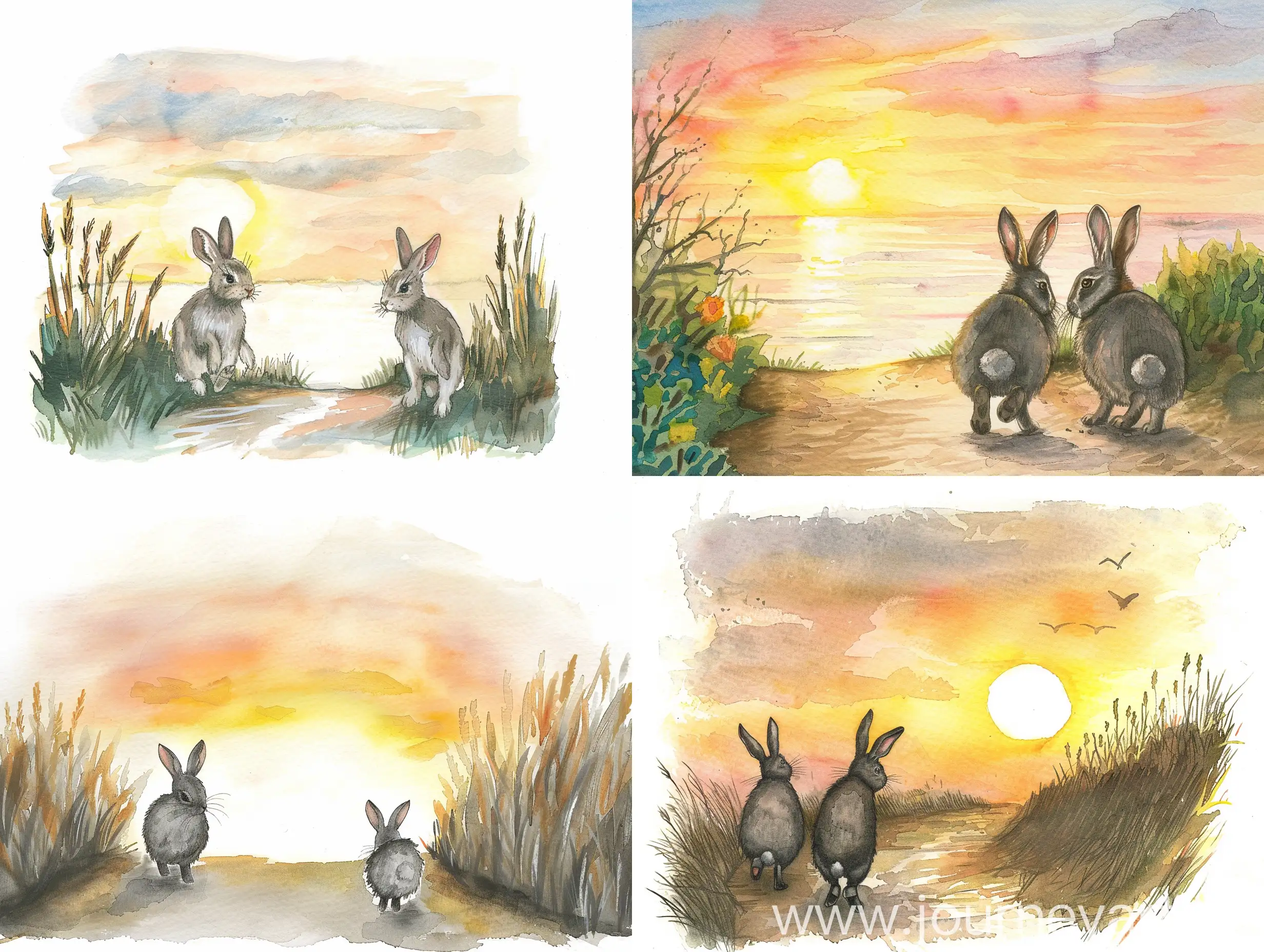 Watercolor drawing of two rabbits walking off into the sunset along a path in the distance