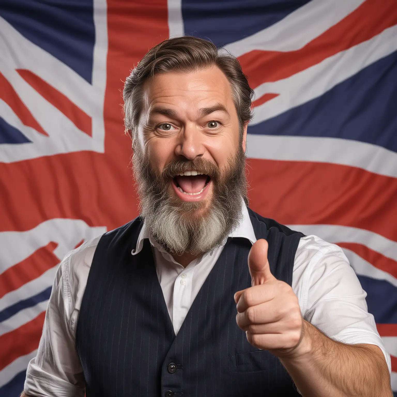 zdjęcie przedstawia mężczyznę w średnim wieku z brodą mówiącego po angielsku w tle znajduje się brytyjska flaga . Mężczyzna gestykuluję rękoma i jest zadowolony z sukcesu