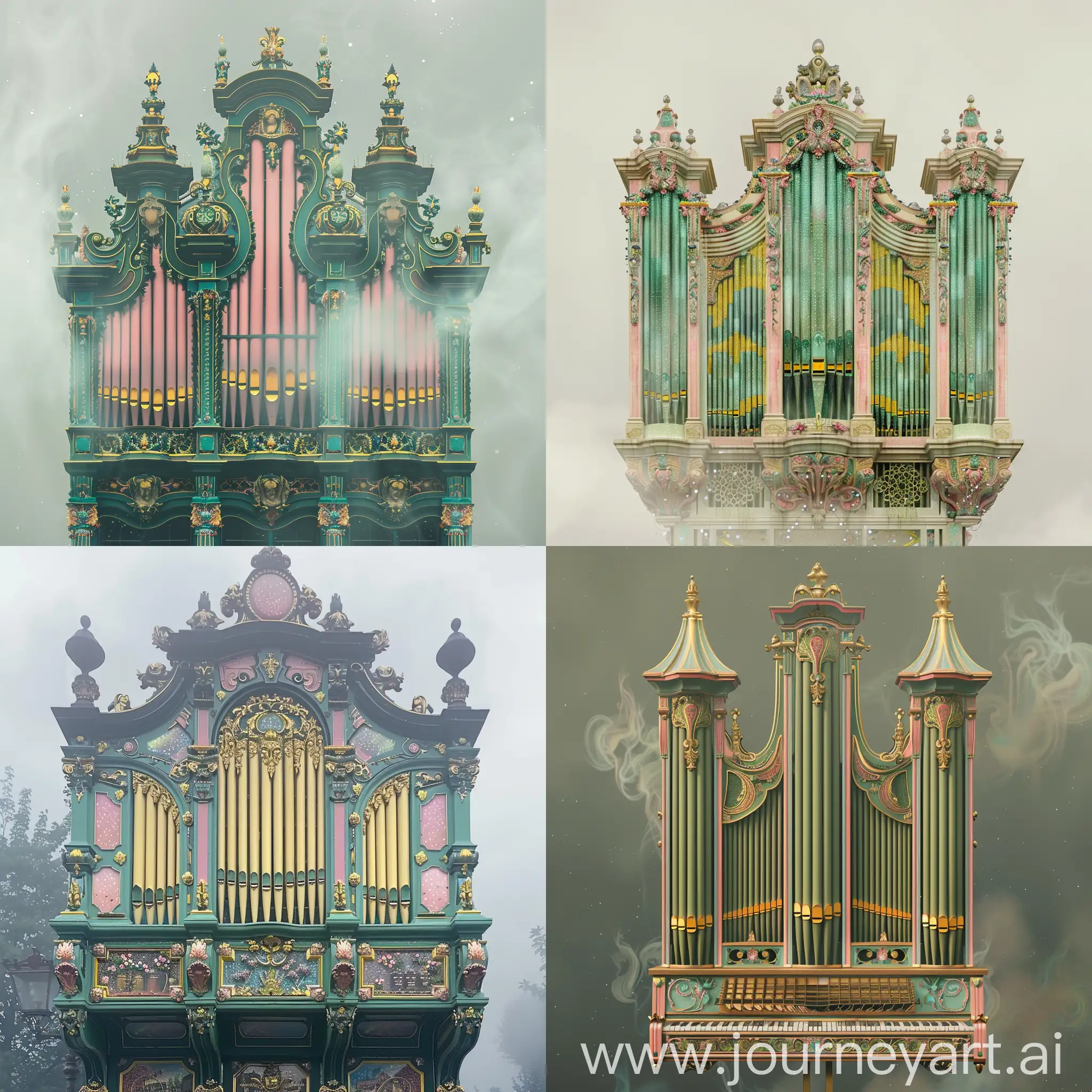 A Dutch street organ in misty spring colors of green, pink, blue, yellow, soft ivory, smoke fractal, moody, intricate, realistic twinkling sparkly, filigree