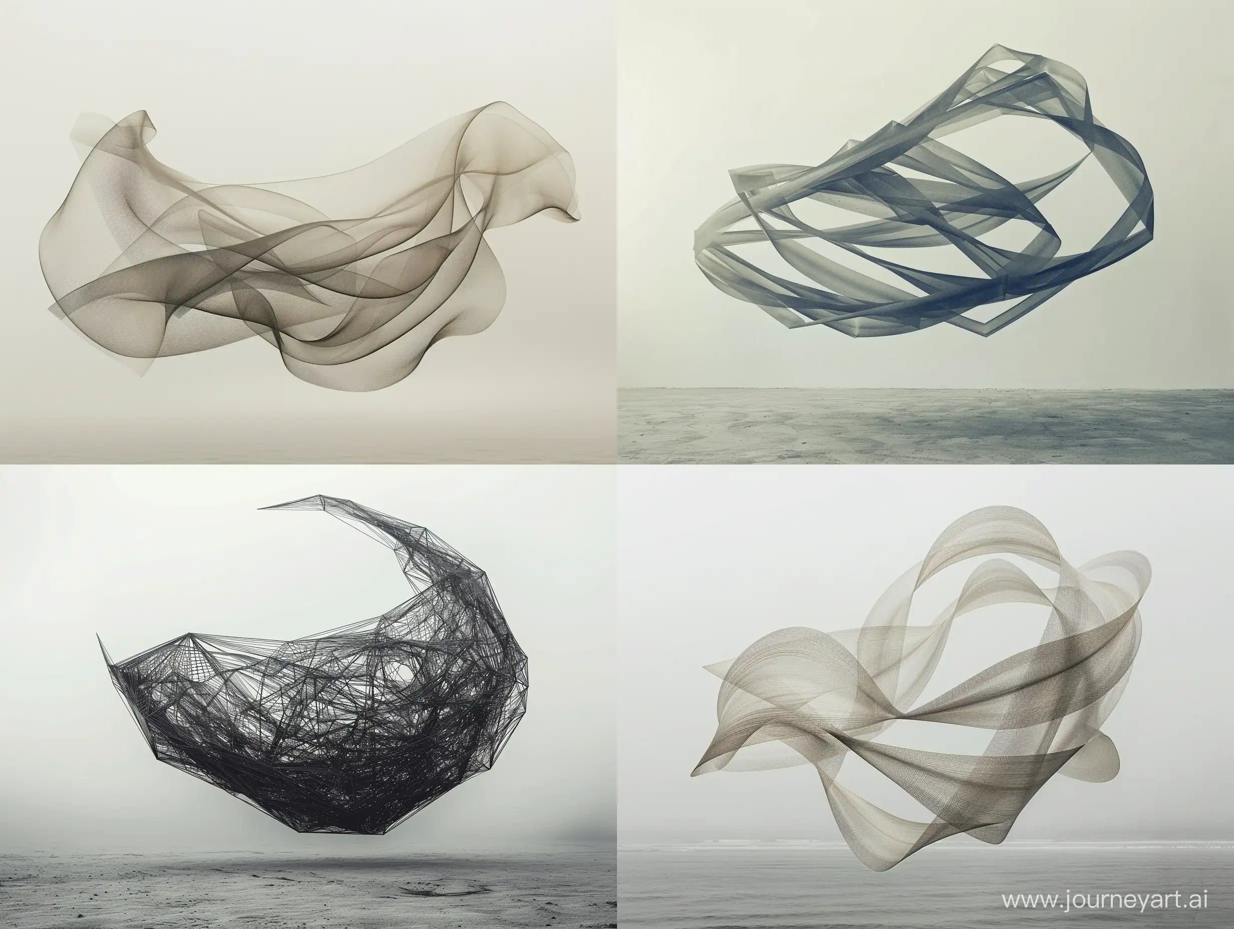 A Photograph capturing a surreal floating sculpture made of intersecting lines in a monochromatic color scheme, defying gravity with serene grace.
