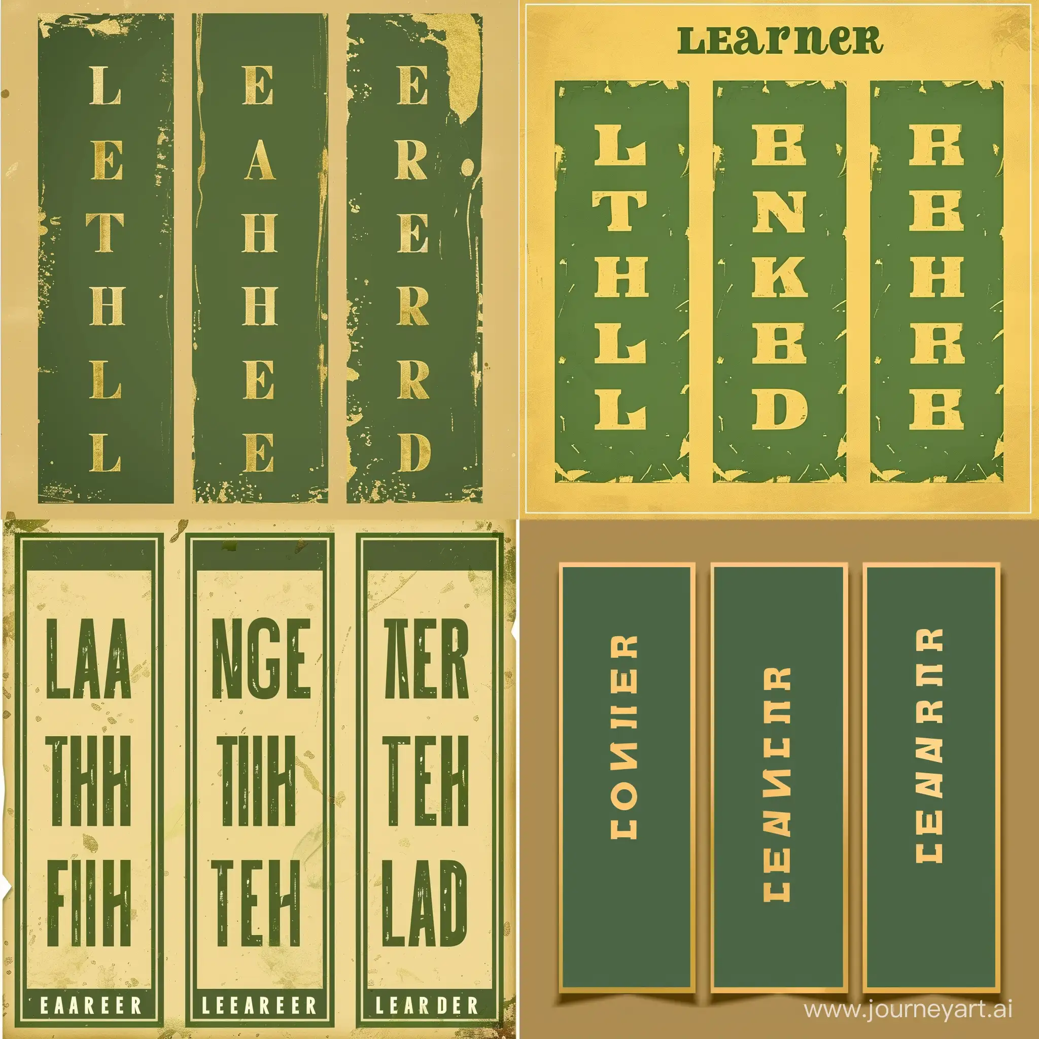 design a series of 3 vertical banners with  the words "learner" "thinker" "leader". the background should be a light gold colour. The words, written from top down, should take up most of the banner, and be most prominent. It will be hung at a parade square ground of a singapore secondary school. The theme colour of the school is green and gold. The letters' font should be a more simplistic modern feel for easy reading.