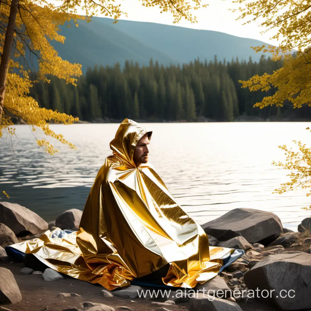 Content-Man-Sitting-by-Lake-Shore-Covered-in-Golden-Survival-Blanket