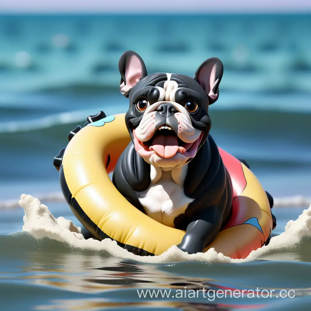 Joyful-Black-Bulldog-Swimming-in-an-Inflatable-Ring-by-the-Sea