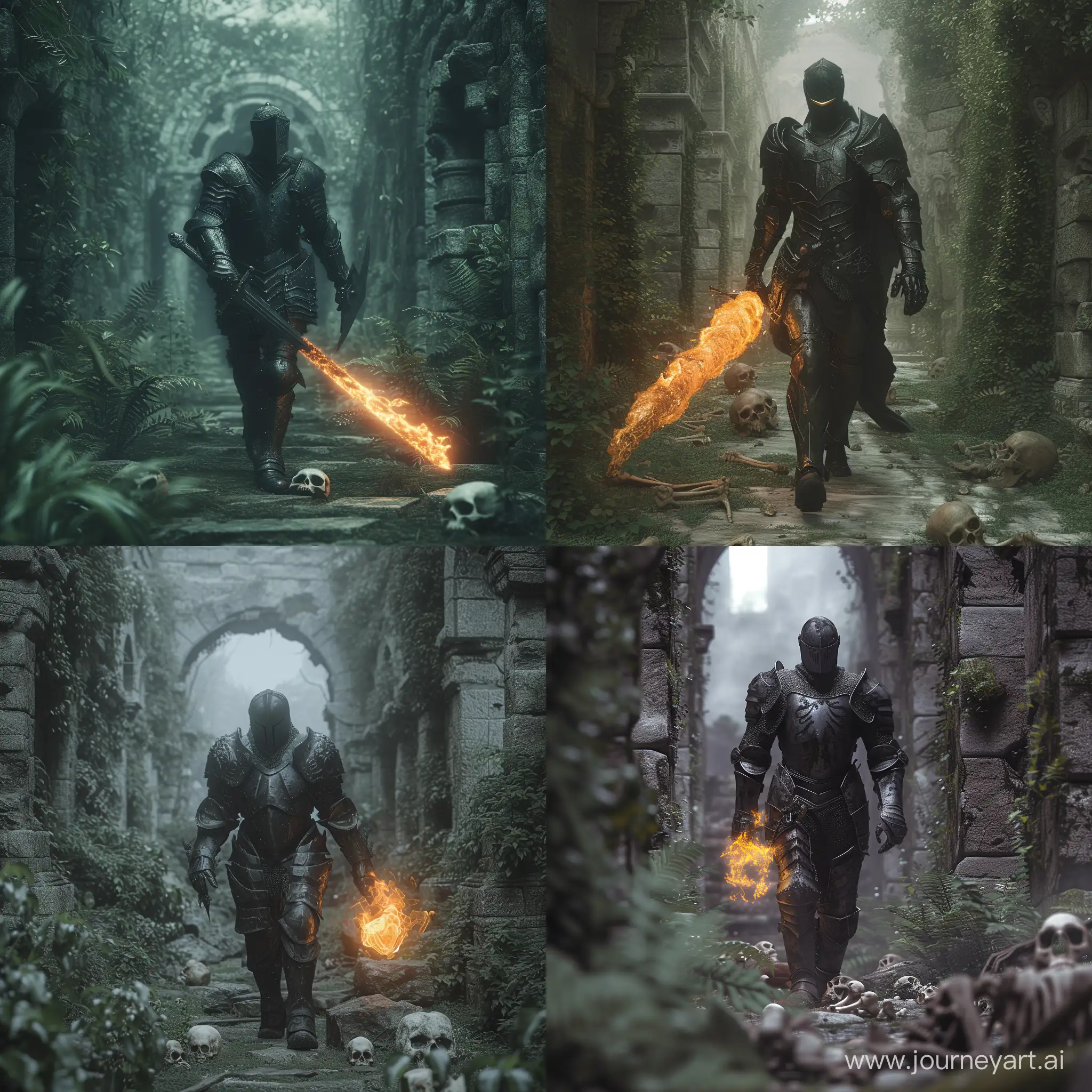 The photo shows a mysterious and worrying knight in dark armor , made with titane, barely lit face, holding a thick flaming sword , walking alone through an ancient stone corridor surrounded by old vegetation, presence of human skeletons on the ground.   The photo has a misty atmosphere that adds to the mystery and mysticism of the setting,  hdr, ultra detailled, ambient lord of the rings, style photo, 