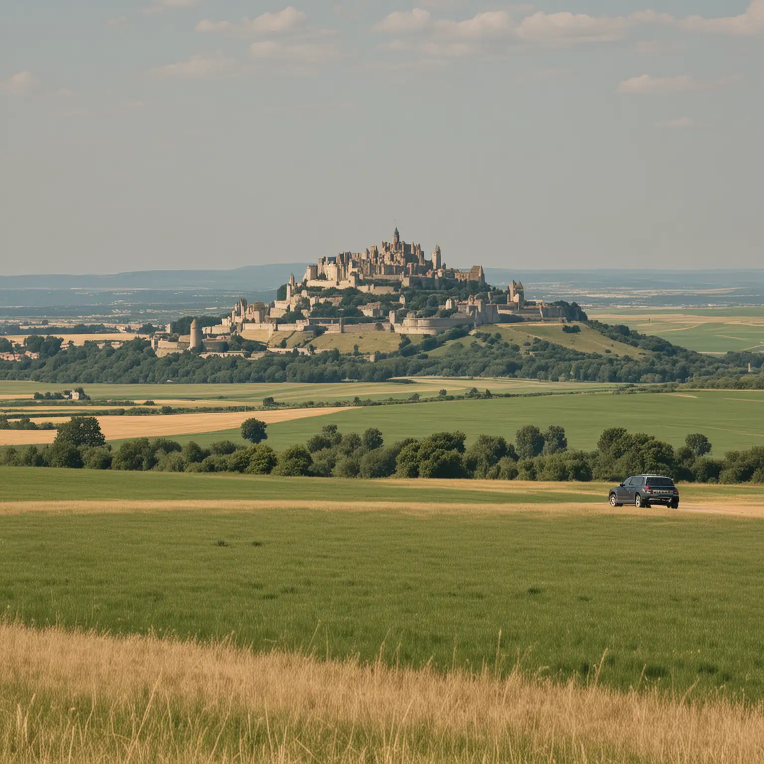Family Road Trip through French Countryside with Castle Views