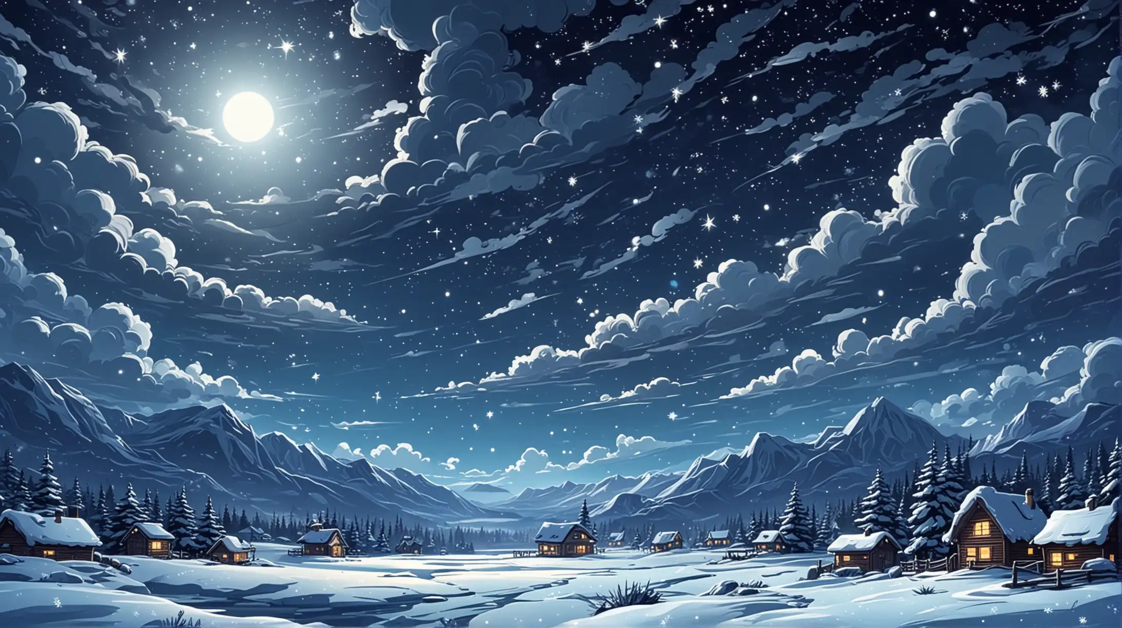 Cartoon Style Winter Night Sky with Whimsical Snowflakes