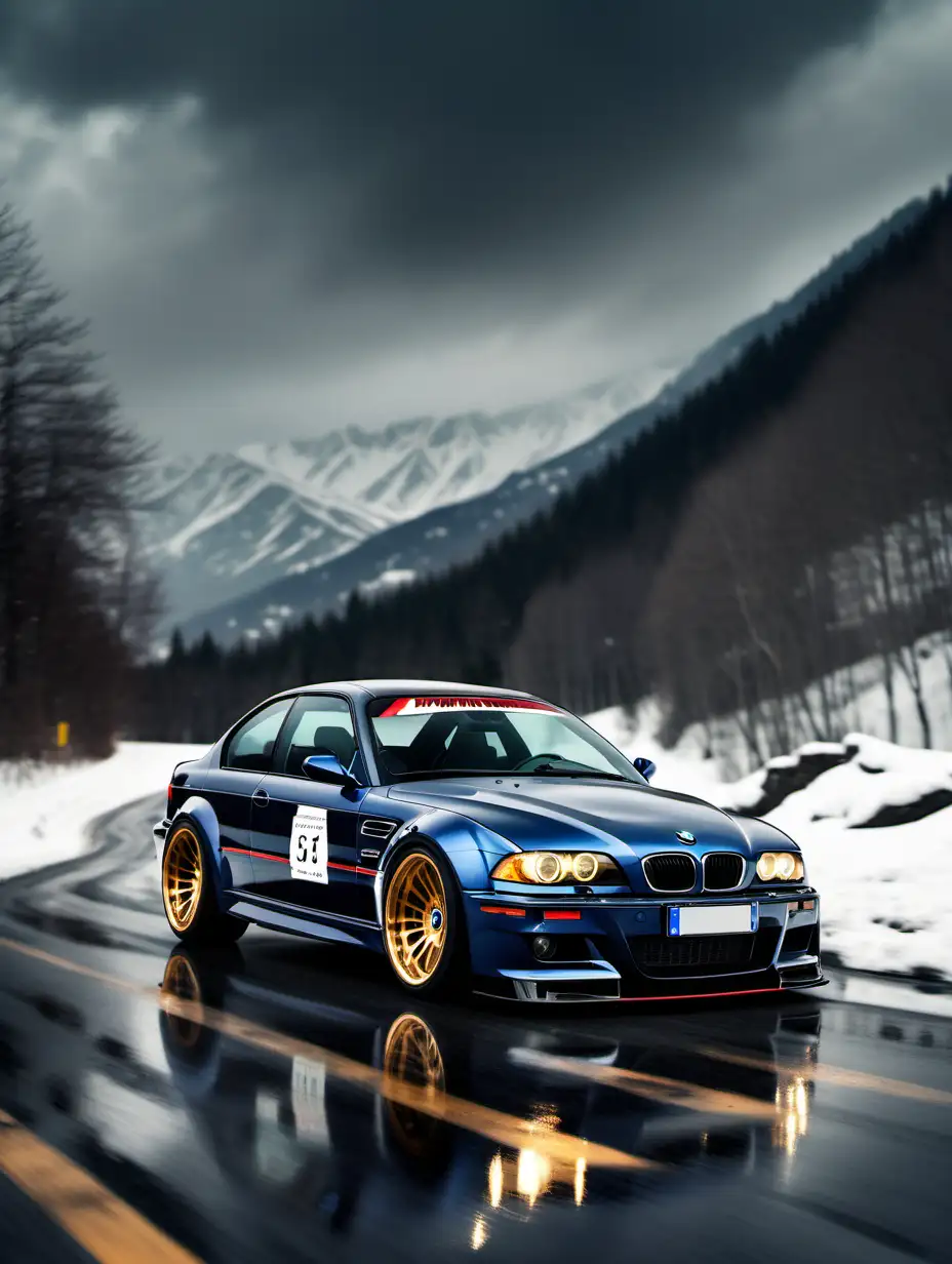 BMW M Power Car Drifting in Snowy Mountain Landscape