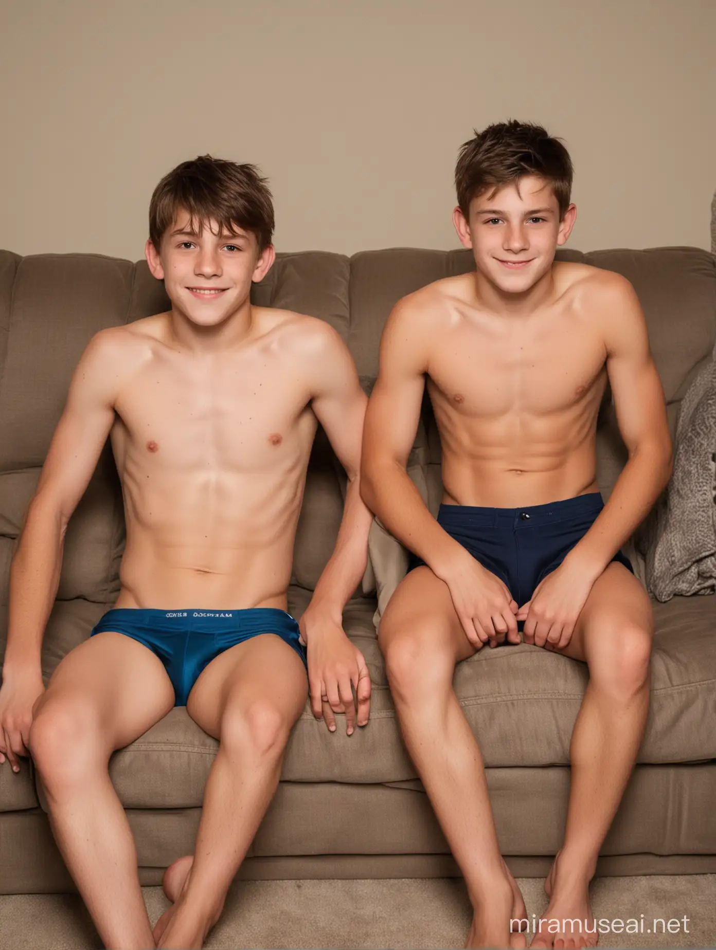 15 year old muscular shirtless boys sitting on a couch