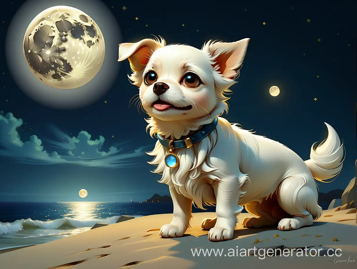 一只可爱的小狗和月亮，封面为yuumei风格的星星艺术集团（星星）的ep，光线的现实主义描绘，精致的幻想世界，agnes劳伦斯佩尔顿，传统海洋艺术，数字绘画，互补色配色，夜景，夜芯，超广角 超级高分辨率 大文件 风景