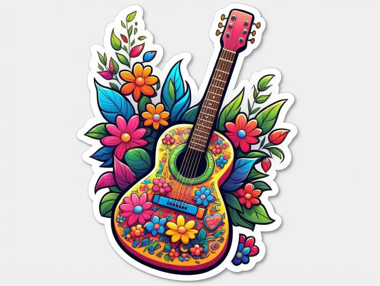 /imagine prompt: floral Guitar , Sticker, Cute, Bright Colors, art toy style, Contour, Vector, White Background, Detailed
