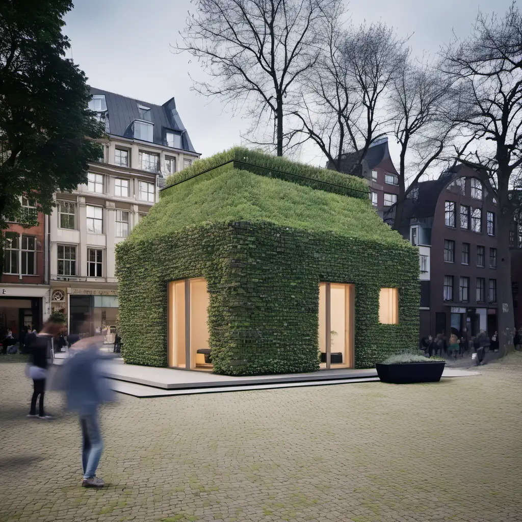 Imagine a tiny garden folly in de style of MVRDV architect on top of above this buiding.