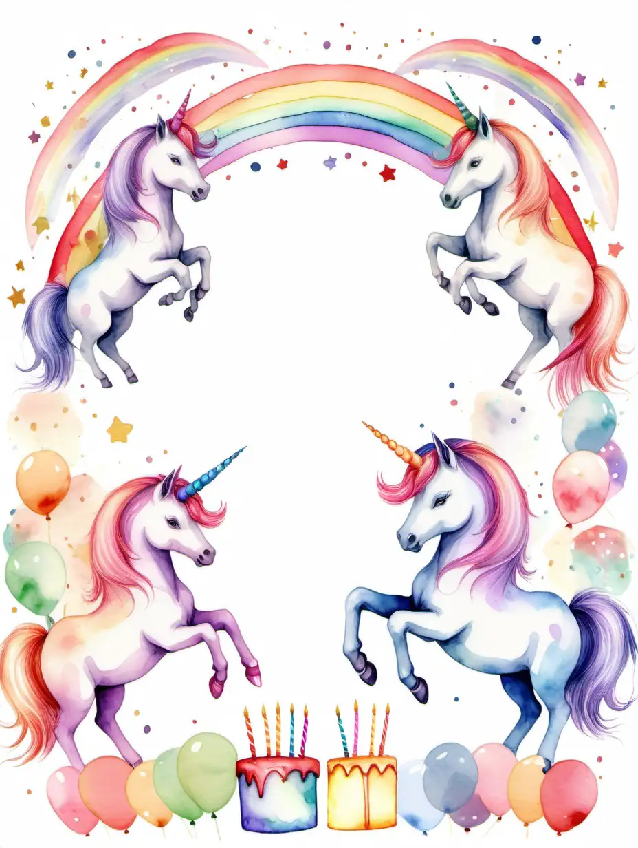 girls birthday invitation with  whimsical watercolor unicorns and rainbows, no text, isolated on a white background