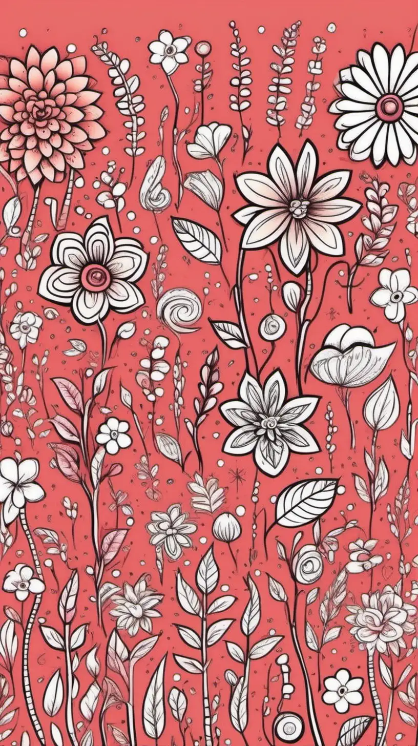 create an ongoing pattern of a cartoon flower doodle with a pale red background