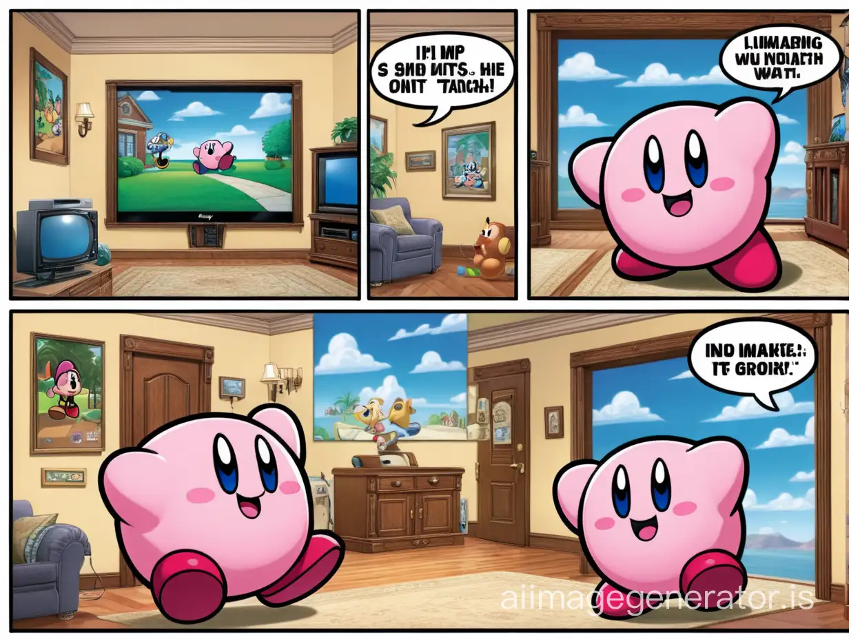 Comic of Kirby walking to his house and finding the Disney XD logo inside his house. And tries to push it out to make room for his large TV that he wants to watch.