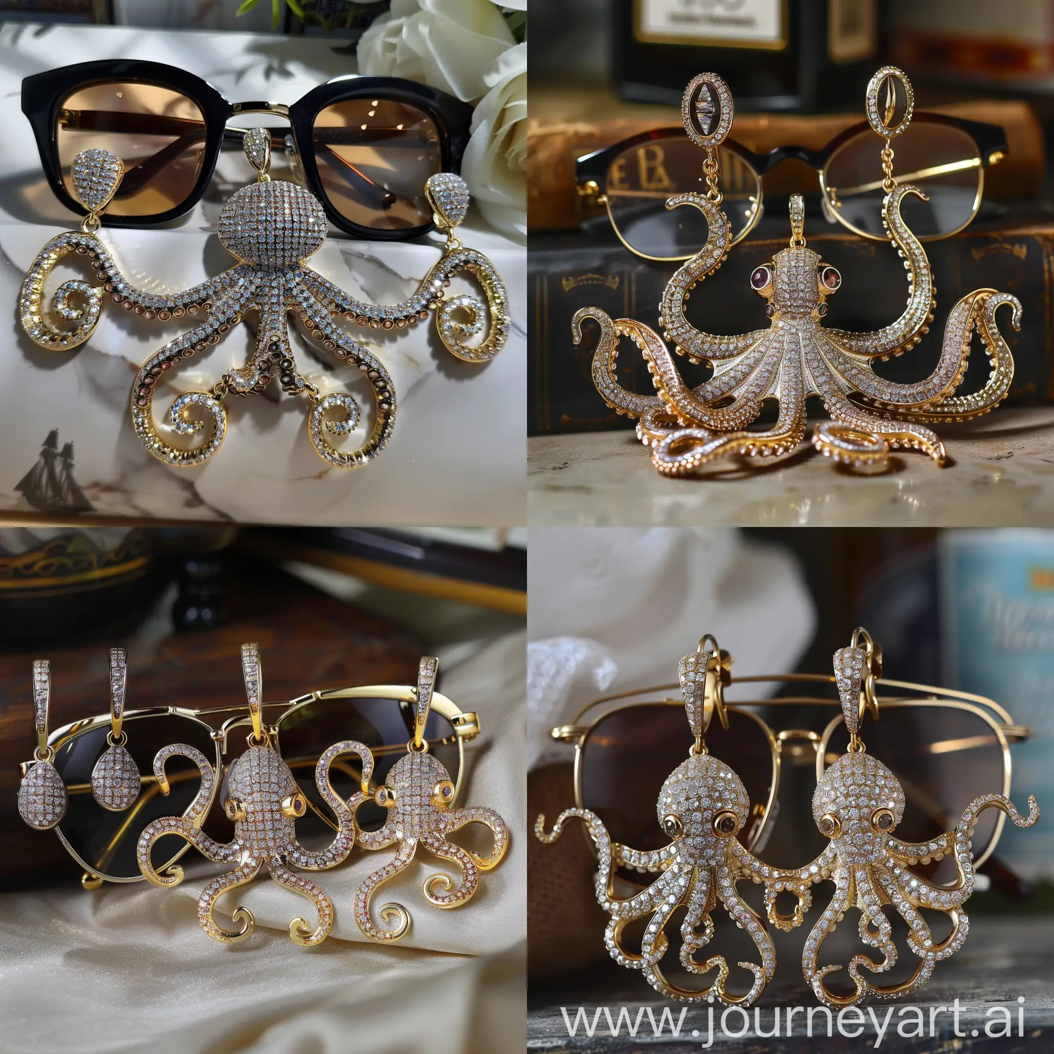 Luxurious-OctopusShaped-Gold-Jewelry-Set-with-Jeweled-Arms-and-Fancy-Eyes-Glasses