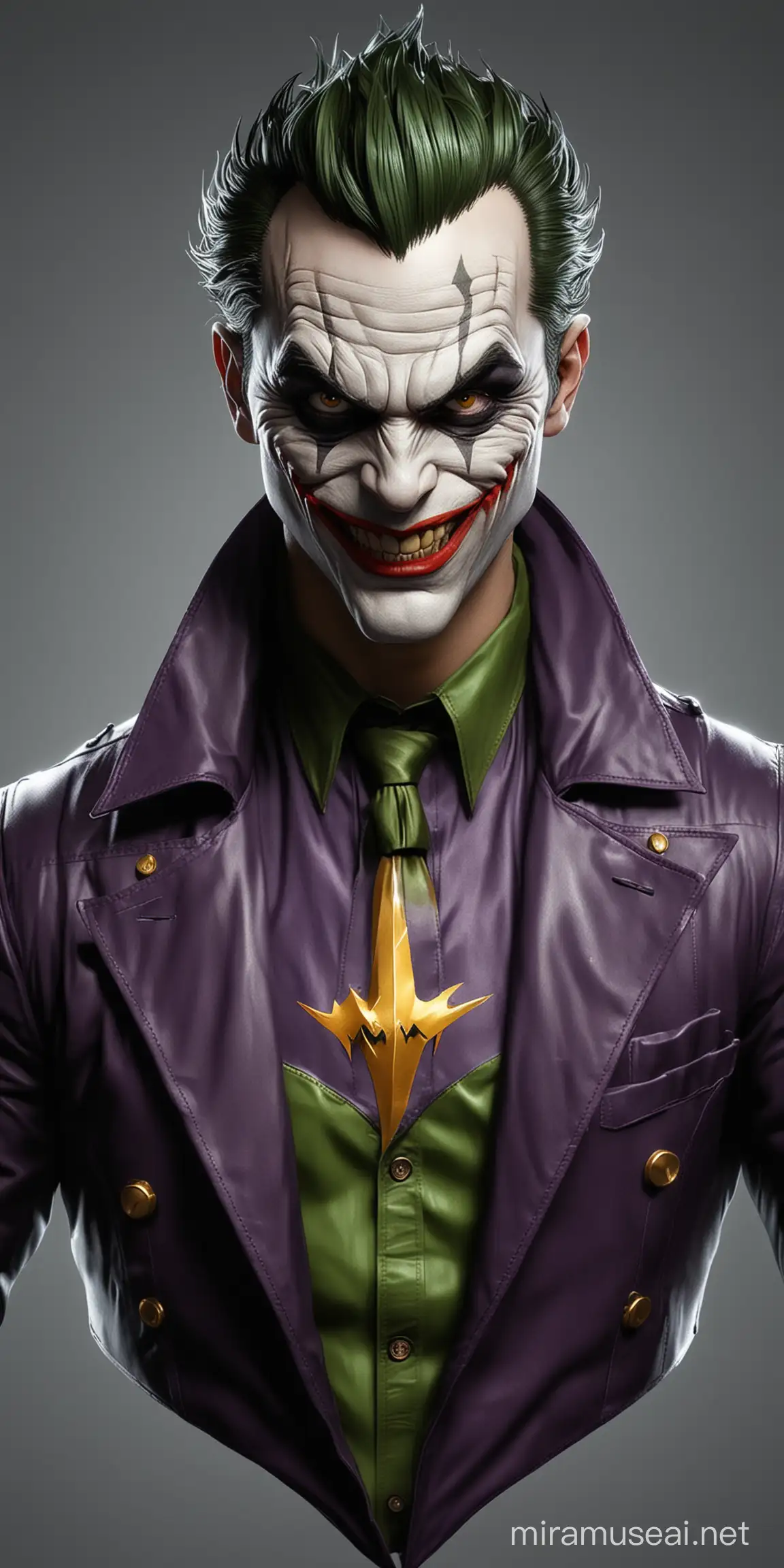 Adult Cartoon Crime Fighter with Joker Features and Lightning Bolt Emblem